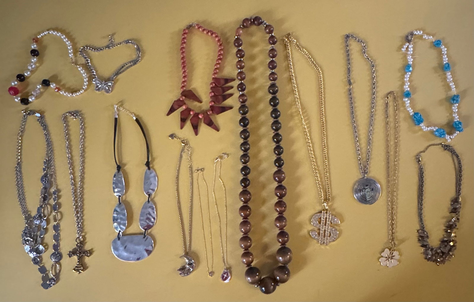 14pc Vintage & Fashion Statement Necklace Lot - Rhinestone, Wood, & Novelty Charms: An eclectic 14-piece estate collection of vintage, fashion, and costume necklaces spanning various eras and styles. This diverse assortment features a mix of bold statement pieces, delicate chains,