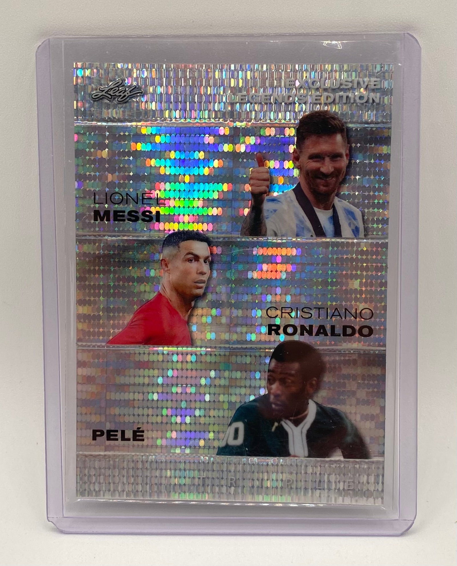 Lionel Messi, Cristiano Ronaldo, and Pelé Refractor /25: 2024 Leaf Exclusive Legends Edition Messi / Ronaldo / Pelé Triple Mosaic Refractor /25