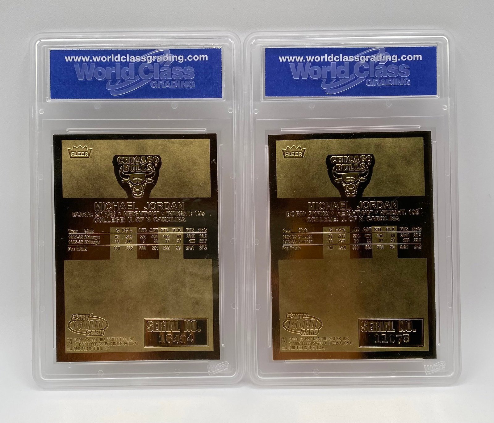 Pair of Michael Jordan Fleer 23KT Gold Cards - WCG 10 Gem-MT ('86 Signature Series) - 2