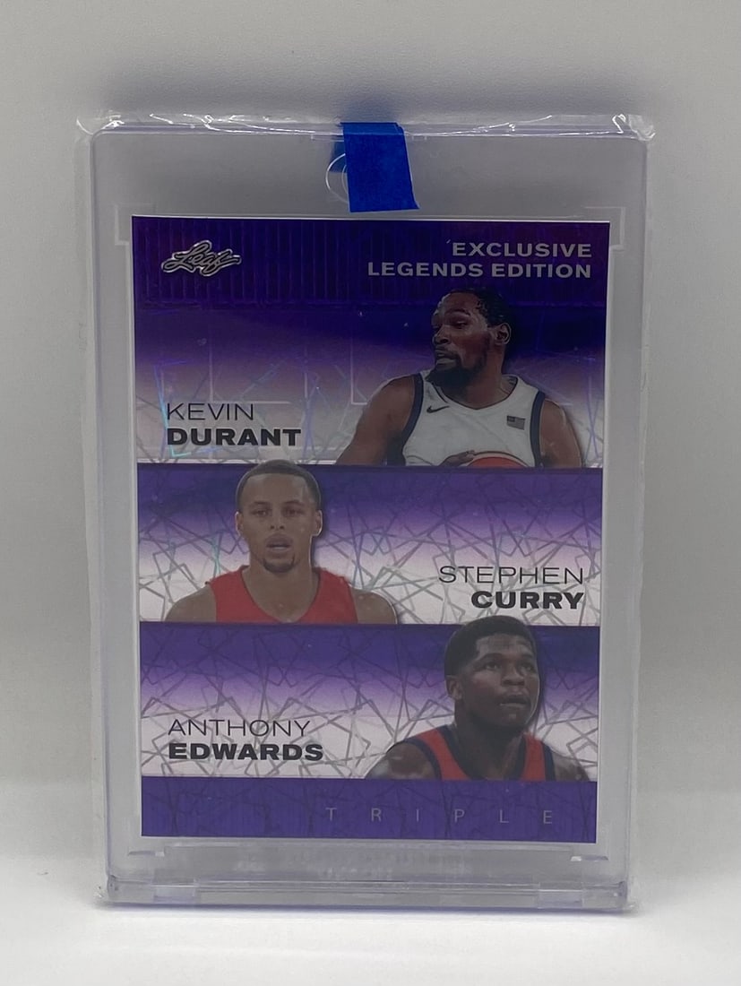 Kevin Durant, Stephen Curry, and Anthony Edwards Purple Refractor /15: High-profile basketball trio card highlighting three generations of elite talent: Kevin Durant, Stephen Curry, and Anthony Edwards. Features a vibrant, deep purple geometric shattered-ice parallel