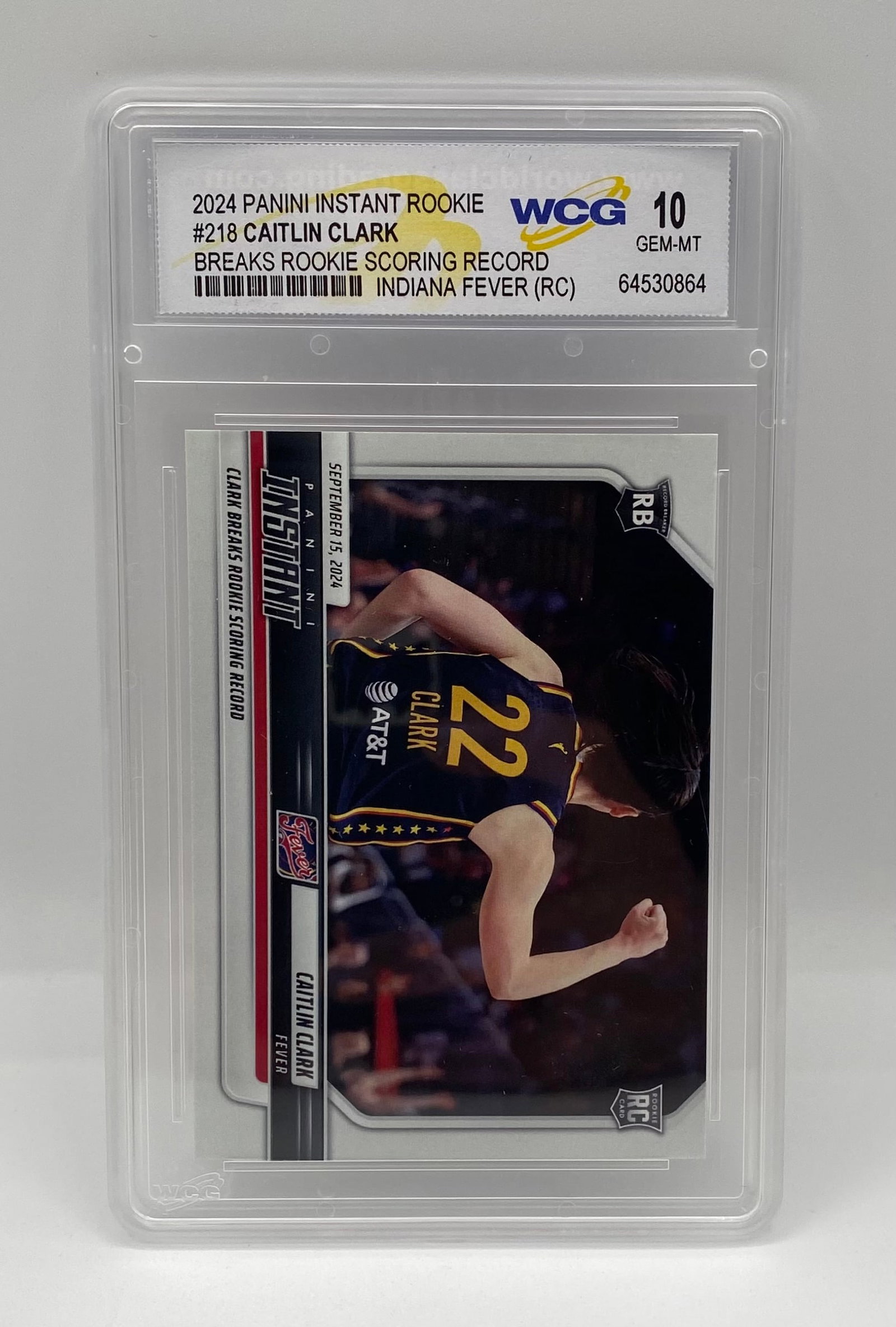 2024 Panini Instant Caitlin Clark Rookie WCG 10 Gem-Mint: Up for auction is a highly collectible 2024 Panini Instant Rookie #218 Caitlin Clark trading card, commemorating the historic moment she "Breaks Rookie Scoring Record" on September 15, 2024. Featuring