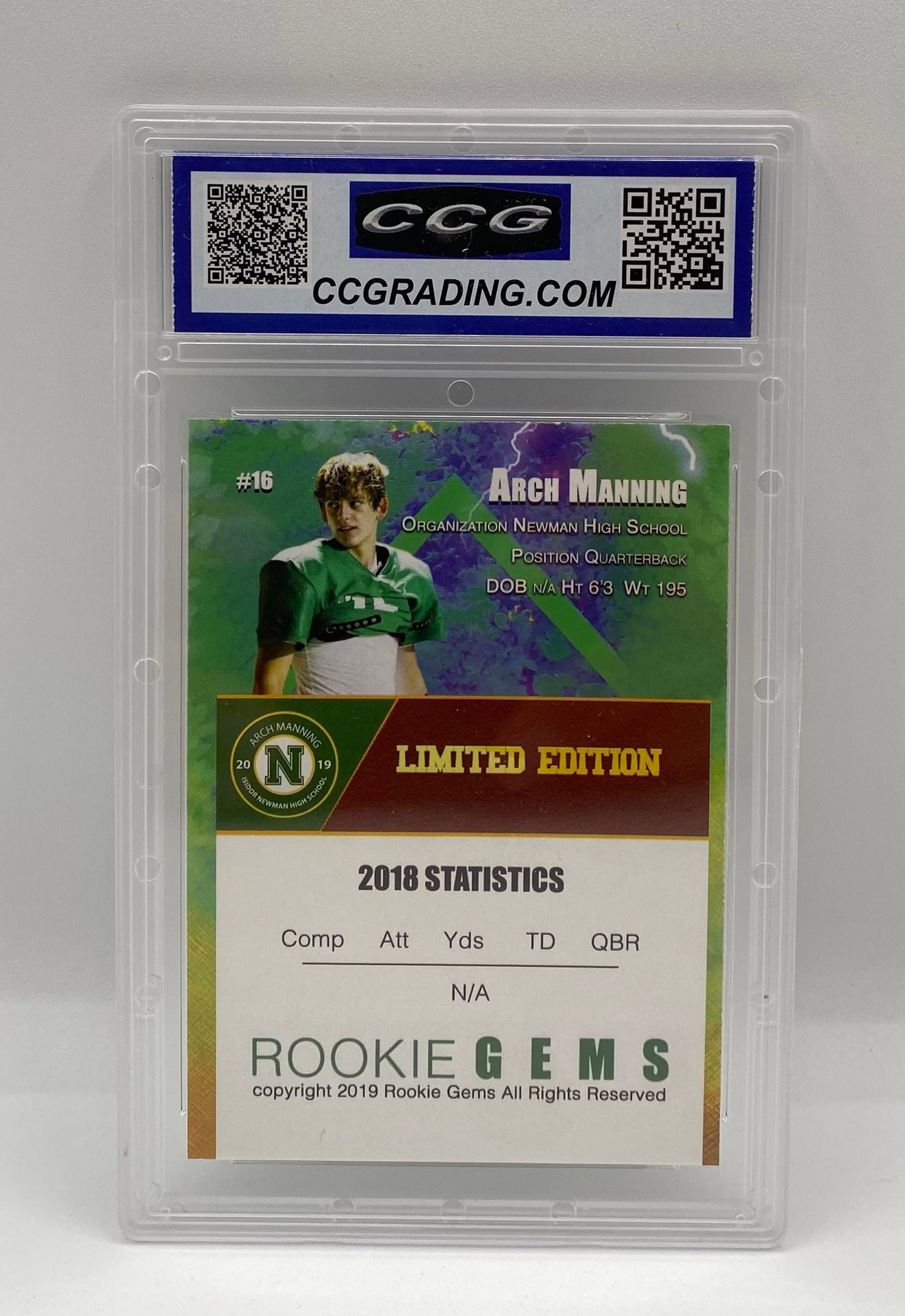 2019 Arch Manning Rookie Gems Gold Lightning #16 – CCG 10 GEM MINT - 2