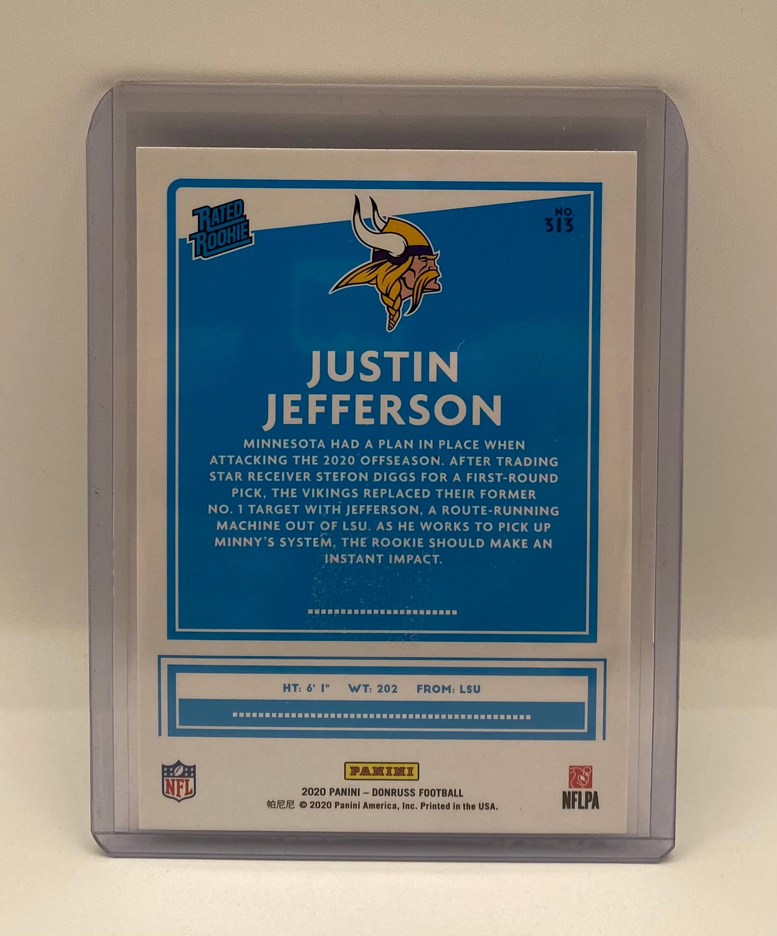 2020 Donruss Justin Jefferson Rated Rookie Press Proof Blue Border Card - 2