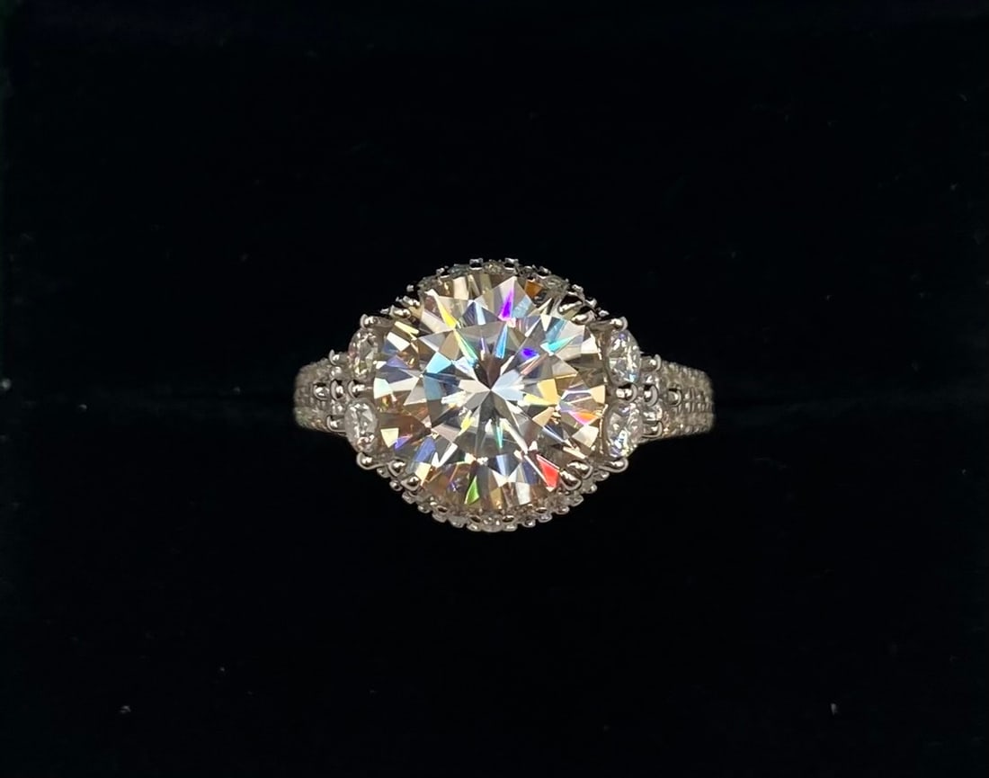 5.00 Ctw Round Moissanite Halo Accent Ring 18K Gold Plated Size 8: 5 Ctw Round Cut Moissanite Ring 18K Gold Plated SS Size 8