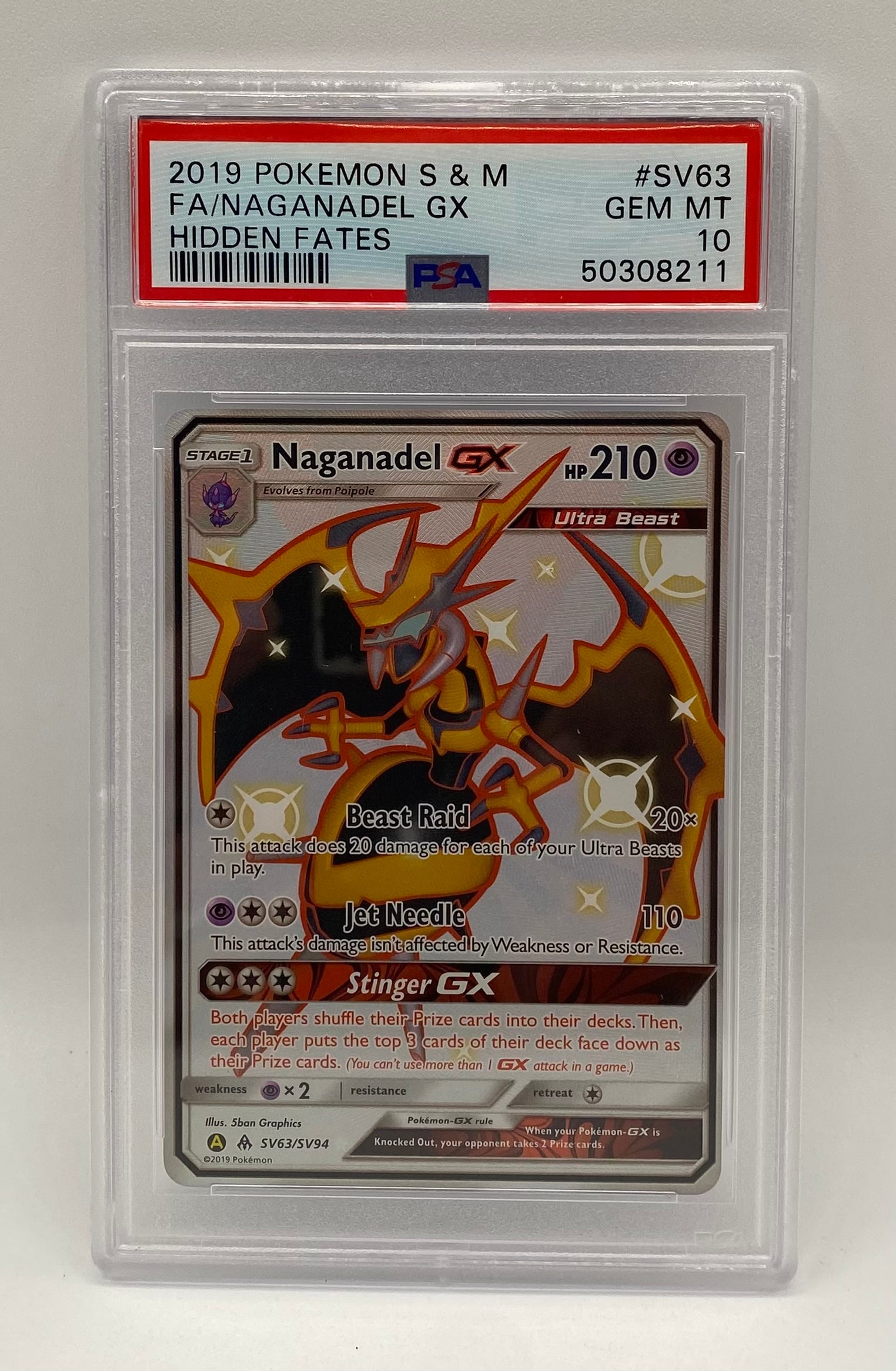 2019 Pokemon Hidden Fates FA Naganadel PSA 10: 2019 Pokemon Sun & Moon Hidden Fates FA/Naganadel GX PSA 10