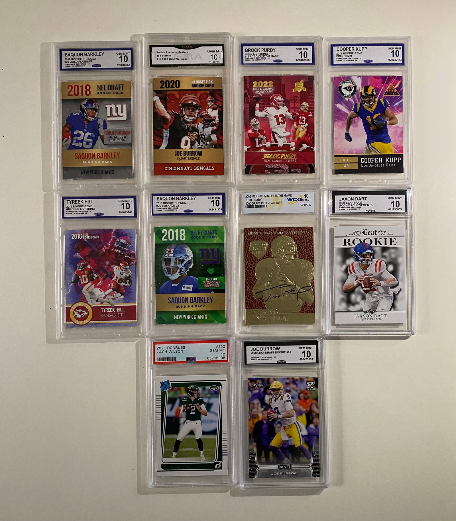 Joe Burrow, Brock Purdy, Tom Brady, Saquon Barkley, Kupp & More: 10-Card Football Rookie & Star Slabbed Lot - All Graded Gem Mint 10 (Burrow, Purdy, Brady, Barkley, Kupp)