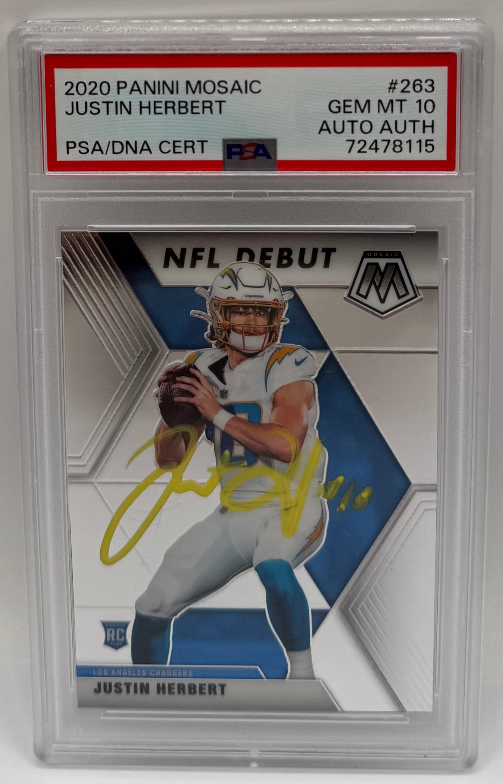Justin Herbert Auto Rookie PSA 10: 2020 Panini Mosaic Justin Herbert Inscribed Autographed Rookie Card #263 PSA 10 Gem Mint