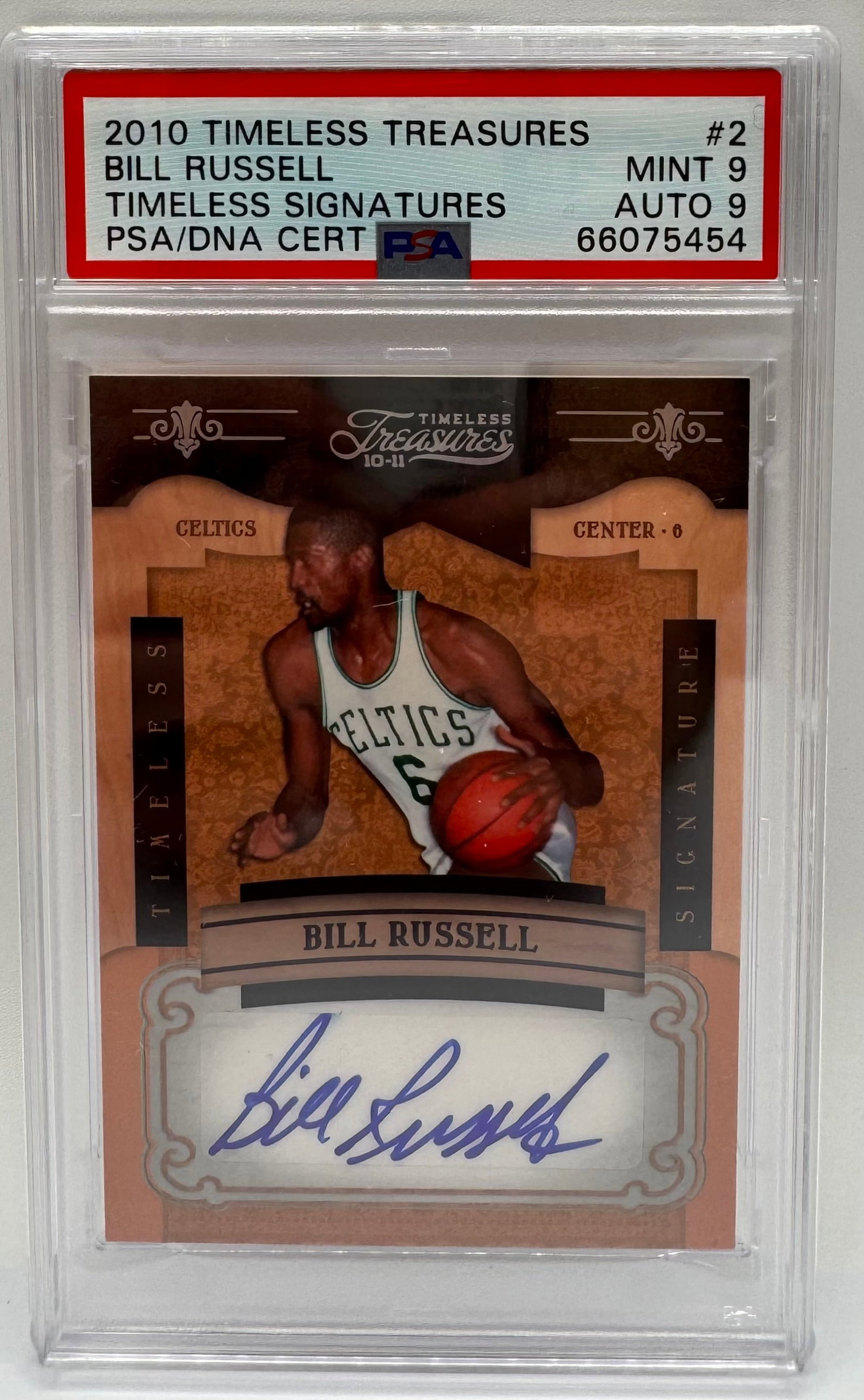 Bill Russell Auto /10: 2010 Panini Timeless Treasures Bill Russell Signed Card #2 PSA 9 / Auto 9