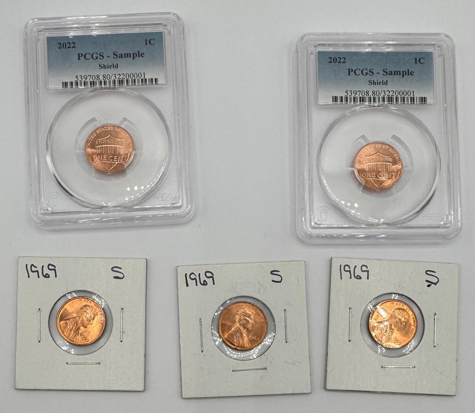 Lot Of (2) PCGS Graded 20222 Shield Cent Sample Holders & 3 Extra Coins: Lot Of (2) PCGS Graded 20222 Shield Cent Sample Holders & 3 1969 S One Cent Coins