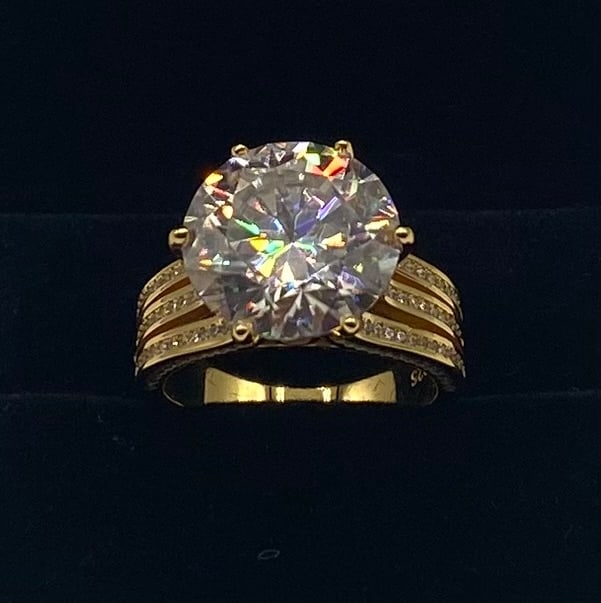 10 Carats VVS Multi-Row Pavé Band Ring 18K Gold Plated - Size 8: 10 Carats VVS Multi-Row Pavé Band Ring 18K Gold Plated - Size 8. Stone: Massive high-carat round brilliant-cut Moissanite center stone accented by three rows of stunning pavé-set side