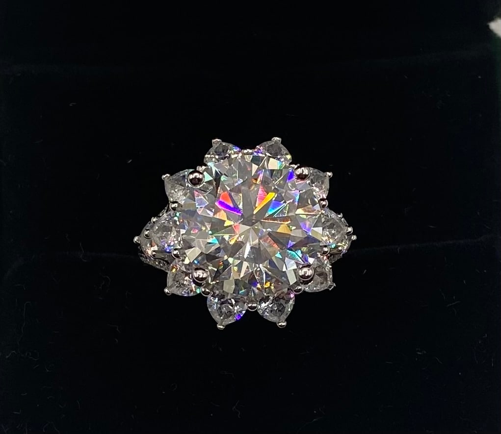 10 Carats VVS Ring: 10 CT Moissanite Starburst Halo Ring 18K Gold Plated SS - Size 8