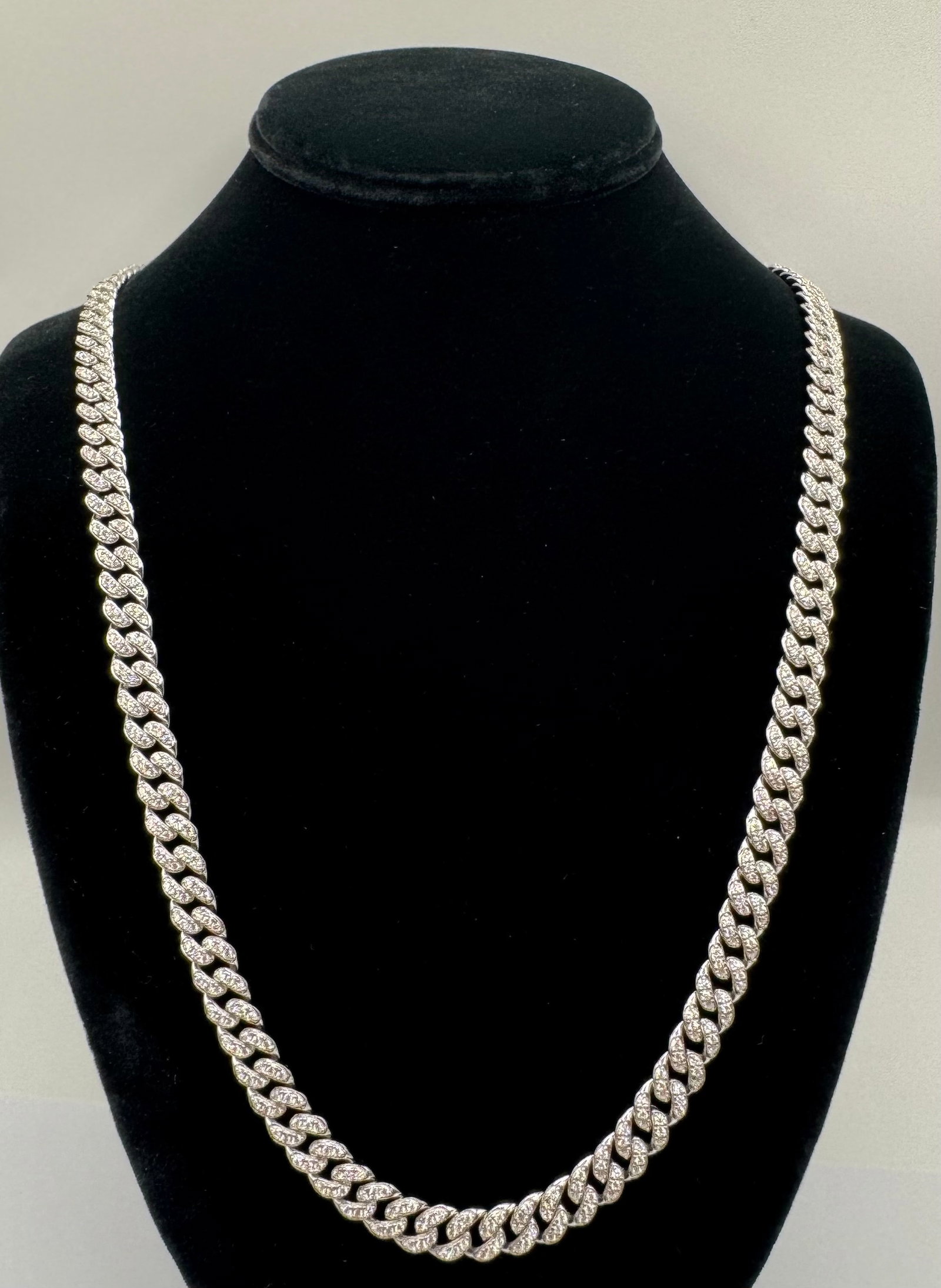 Iced-Out VVS Moissanite Cuban Link 18K Gold Plated Sterling Silver 24": Iced-Out Moissanite Cuban Link Chain 18K WG Plated Sterling Silver - 24" Gemstone: Genuine Moissanite Pavé (Passes Diamond Tester) Metal Composition: 18K White Gold Plated over Premium .925