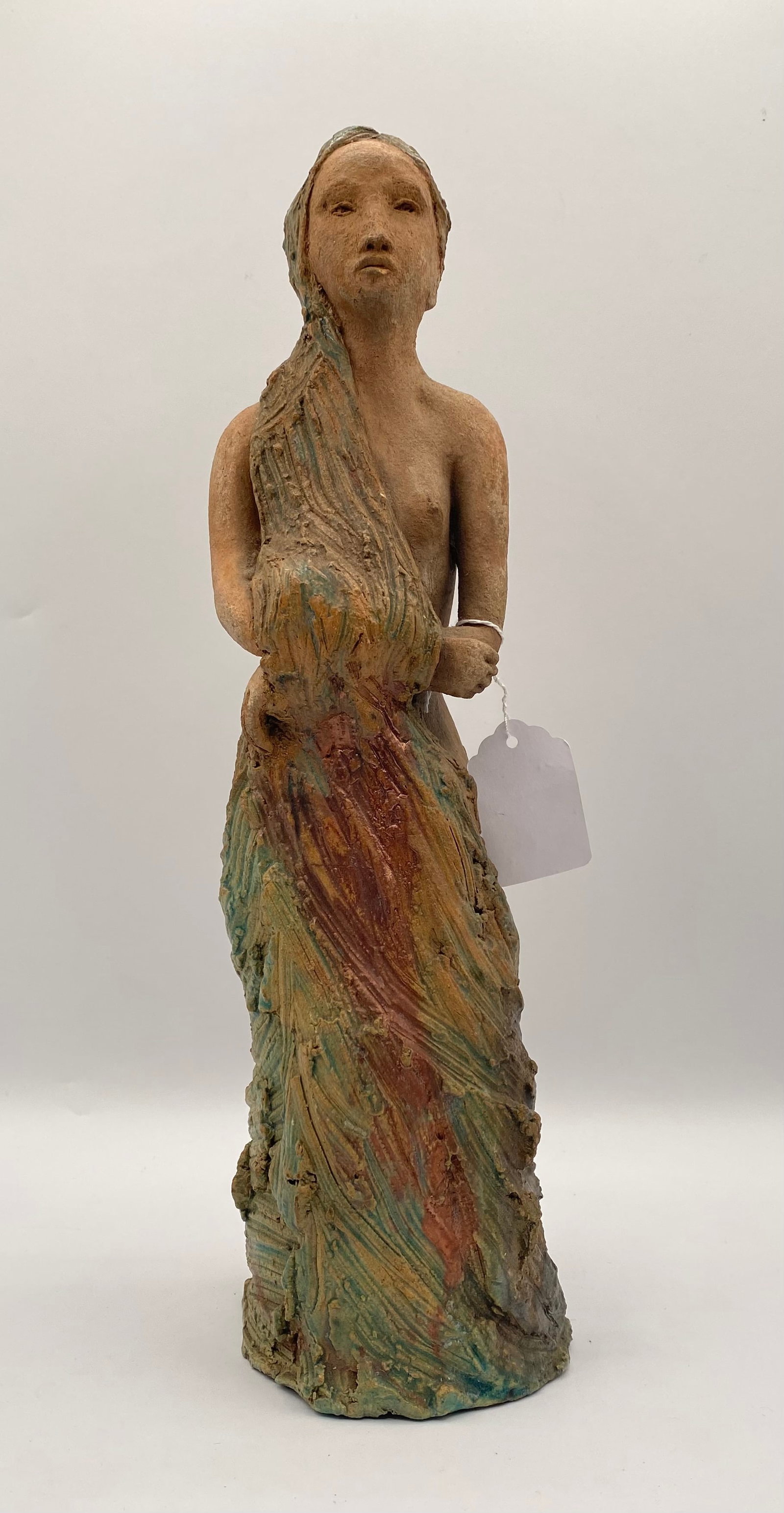 Mid-Century Modern Style Brutalist Terracotta Female Figure Sculpture, 13" H: Mid-Century Modern Style Brutalist Terracotta Female Figure Sculpture, 13" H. Up for auction is a striking vintage studio art pottery sculpture depicting a stylized female figure. Handcrafted with a