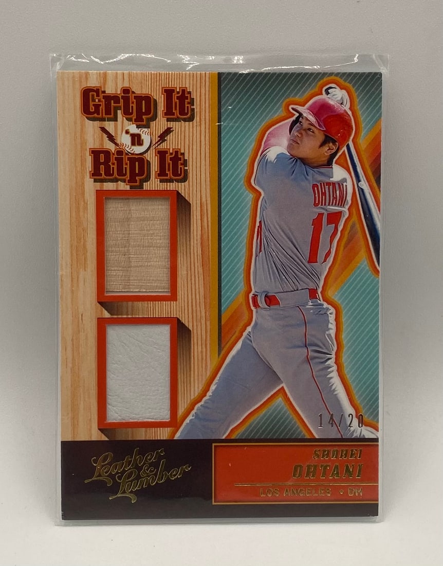 Shohei Ohtani Game Used Relic /20: 2019 Panini Shohei Ohtani Leather & Lumber "Grip It 'n' Rip It" Dual Game-Used Relic Card 14/20