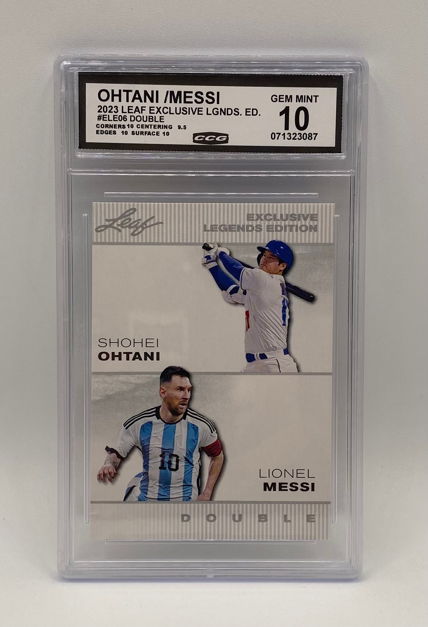 Shohei Ohtani & Lionel Messi Card: 2023 Leaf Exclusive Legends Edition Shohei Ohtani / Lionel Messi Double #ELE06 - CCG 10 GEM MINT