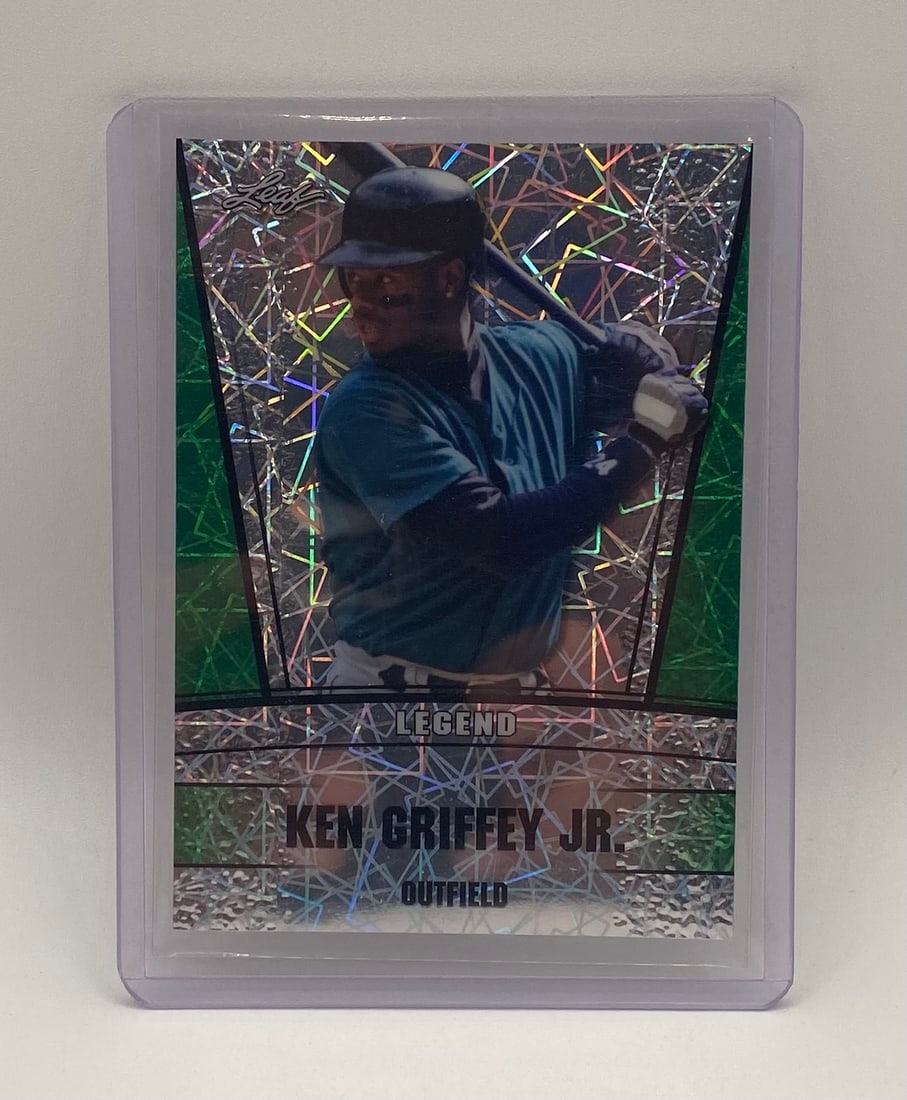 Ken Griffey Jr Laser Holo /5: 2023 Leaf Legend Ken Griffey Jr. Outfield Green Holo Insert Card /5