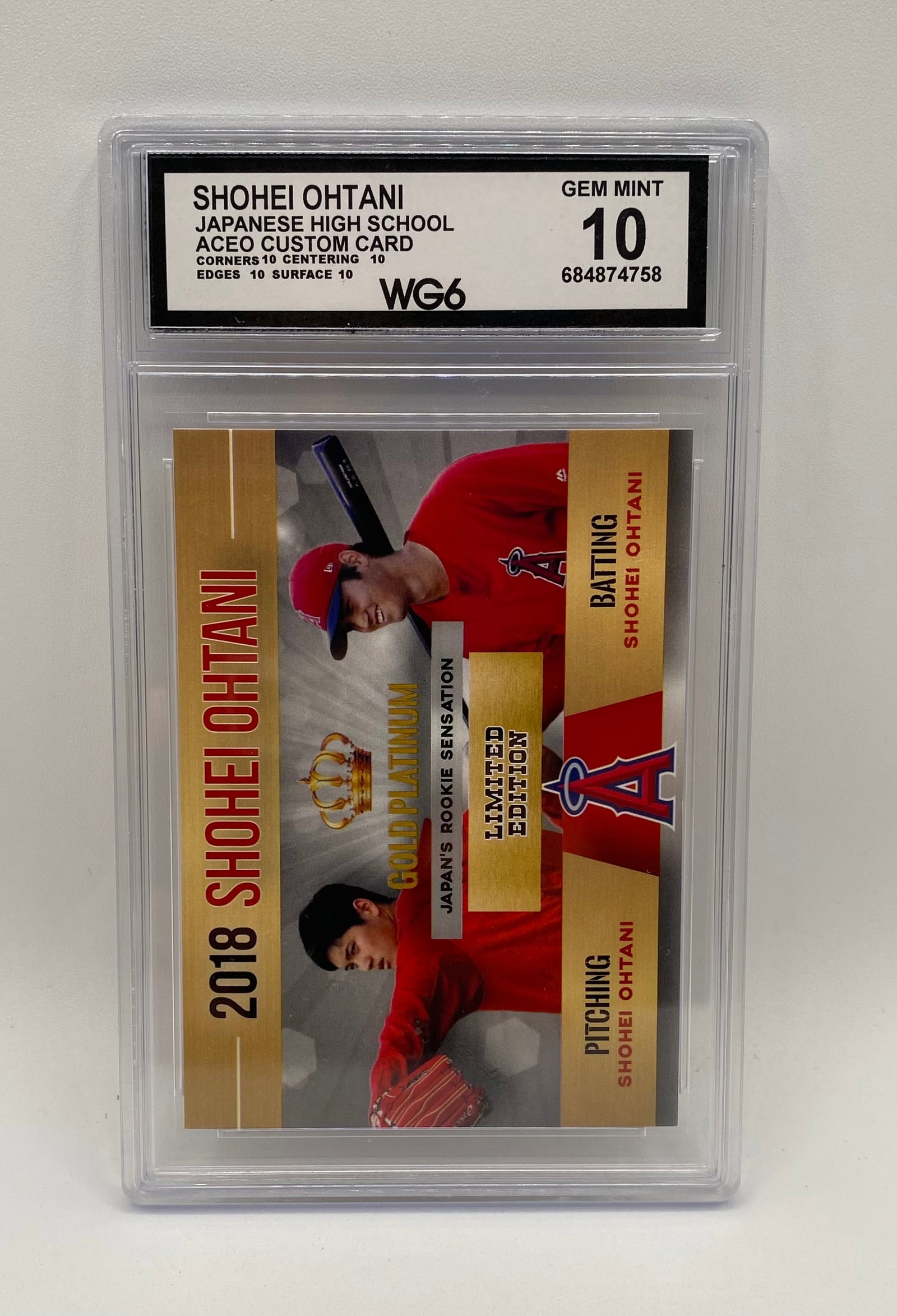 Shohei Ohtani Japan Rookie Sensation ACEO Card: Shohei Ohtani 2018 Gold Platinum Japan's Rookie Sensation Custom Card - WG6 10 GEM MINT