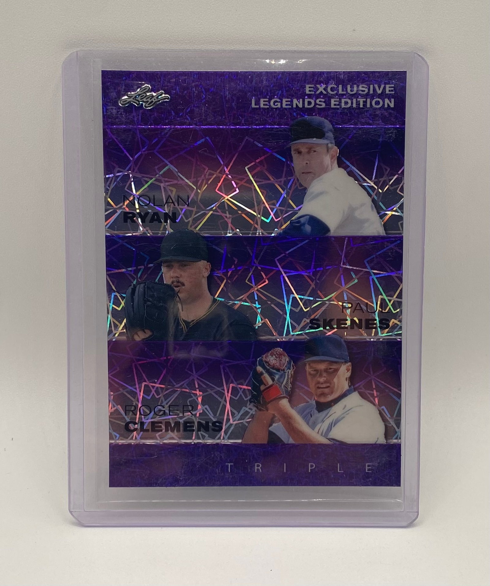 Nolan Ryan , Paul Skenes & Roger Clemens Holo /15: 2024 Leaf Exclusive Legends Edition Ryan / Skenes / Clemens "Triple" Insert Card Numbered /15