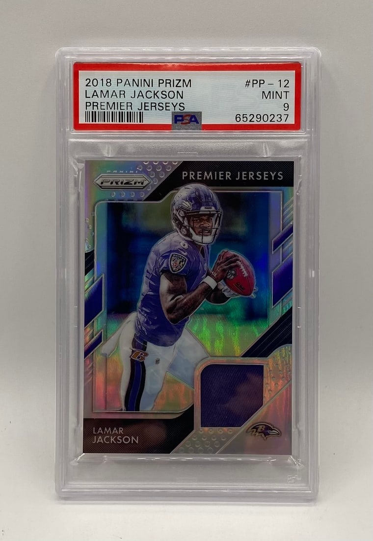 Lamar Jackson Rookie Game Used Patch Card: 2018 Panini Prizm Lamar Jackson Premier Jerseys #PP-12 - PSA 9 MINT