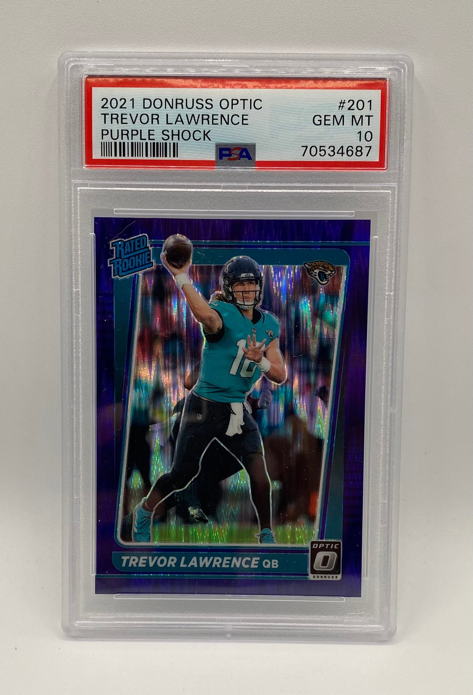 Trevor Lawrence Purple Shock Rookie PSA 10: 2021 Donruss Optic Trevor Lawrence Purple Shock Rated Rookie #201 - PSA 10 Gem Mint