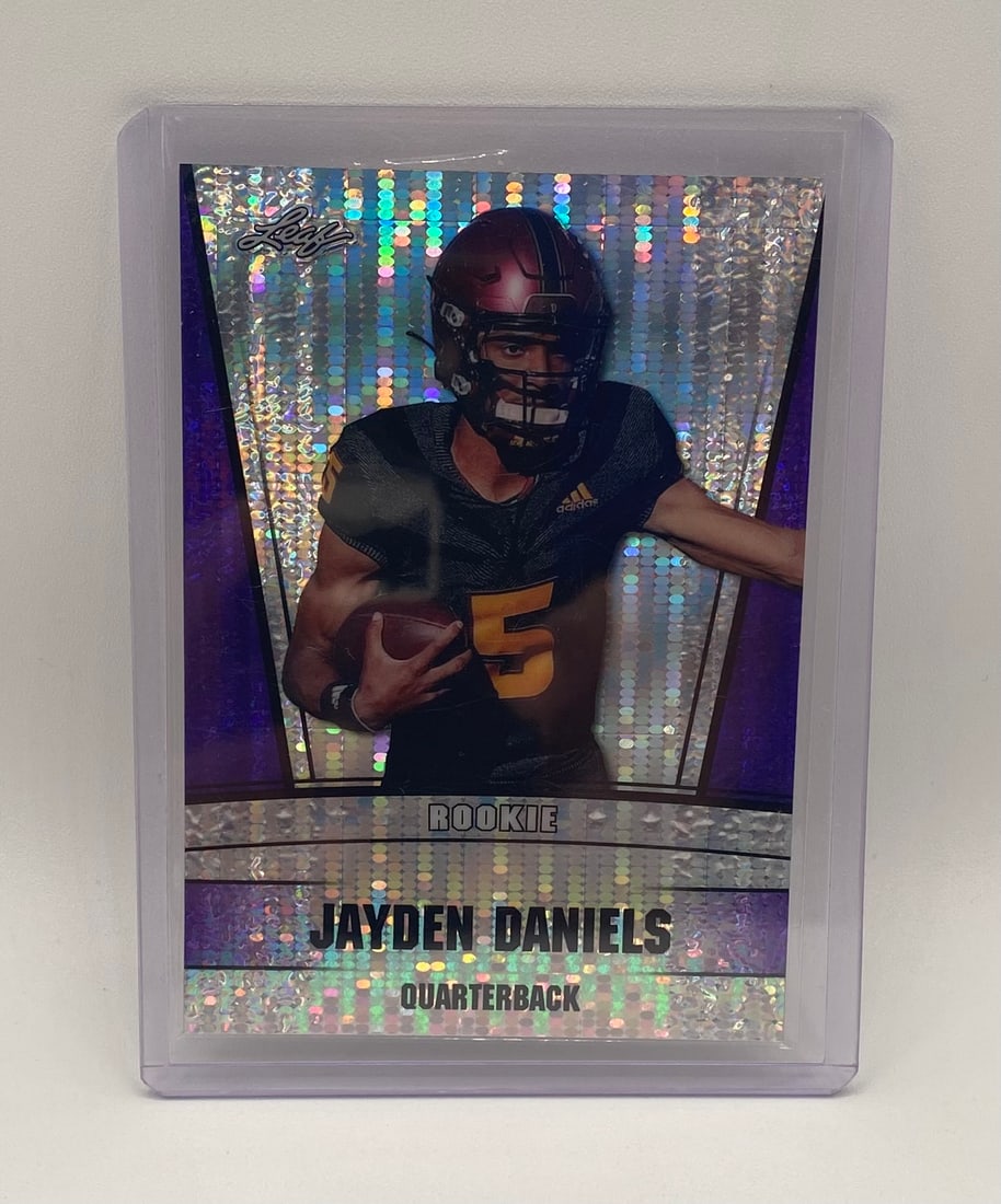 Jayden Daniels Rookie Holo /15: 2024 Leaf Jayden Daniels Rookie Card - Purple Sparkle Laser Parallel /15