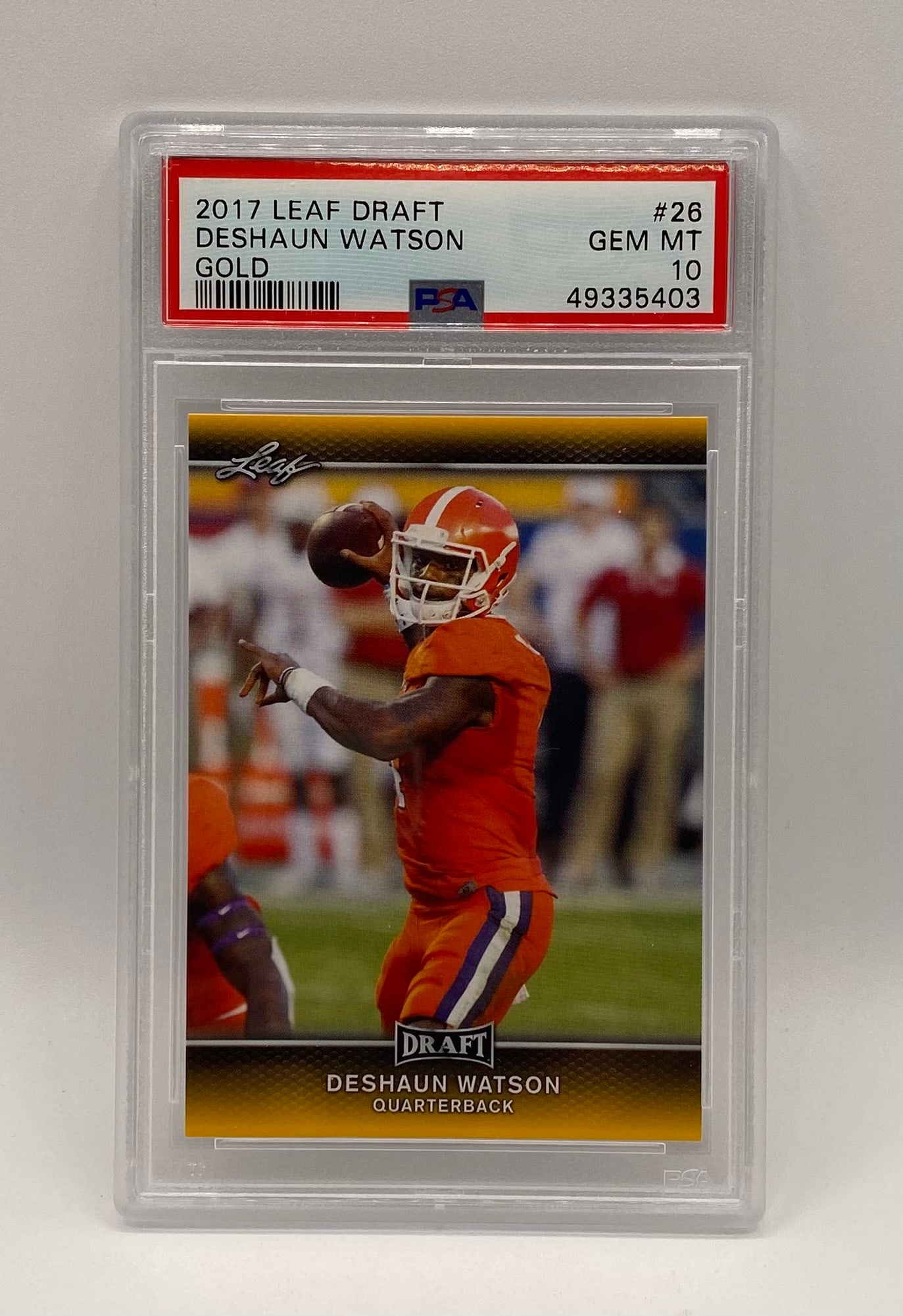 Deshaun Watson Gold Parallel PSA 10: 2017 Leaf Draft Deshaun Watson Gold Parallel #26 – PSA 10 Gem Mint