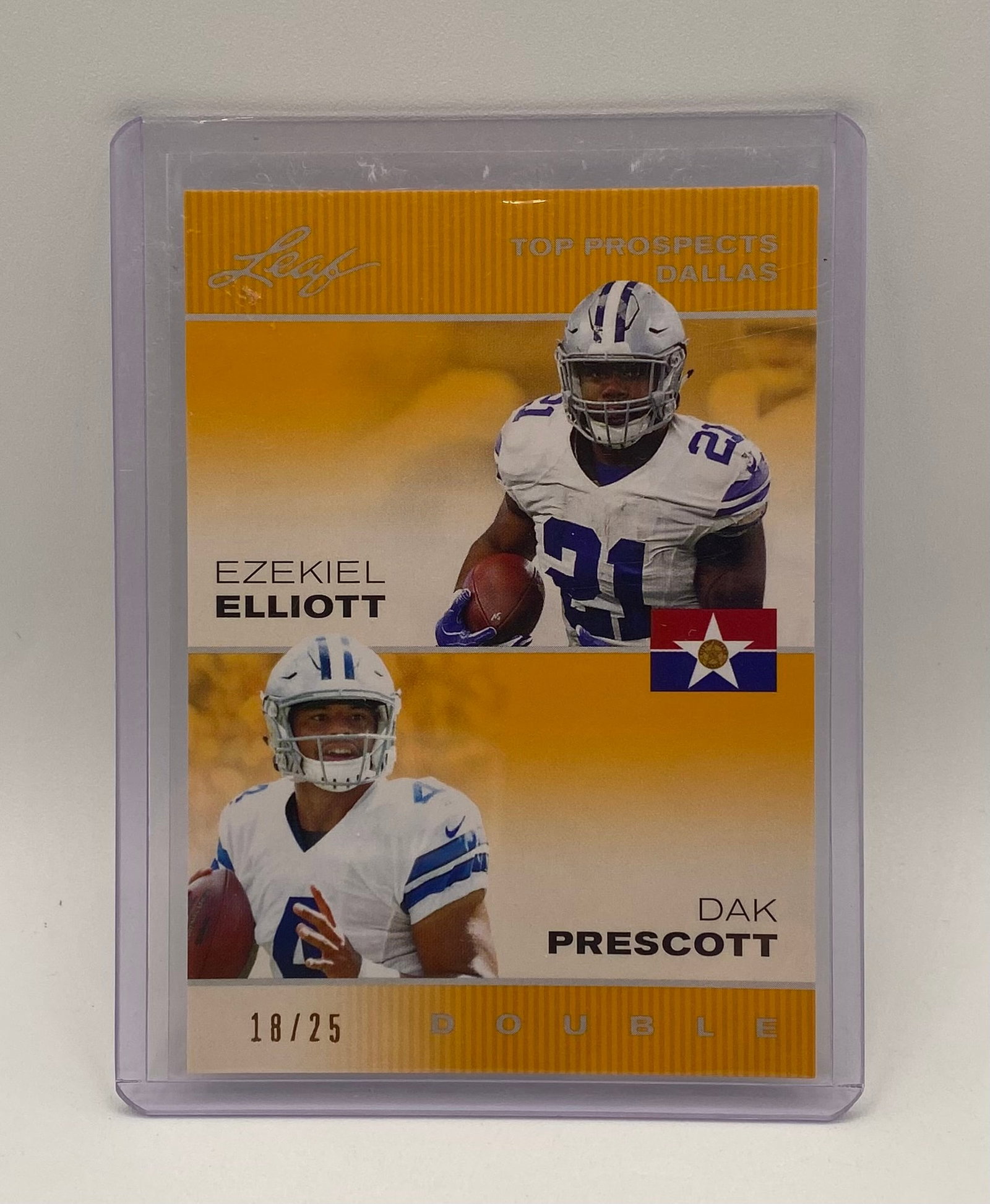Ezekiel Elliott & Dak Prescott /25: 2018 Leaf Top Prospects Dallas Ezekiel Elliott & Dak Prescott "Double" Parallel – Serial 18/25