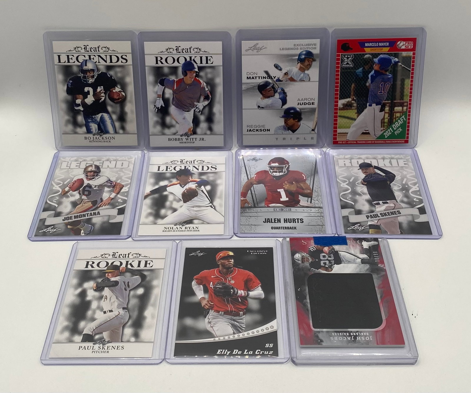 Skenes, Witt Jr., Hurts, Judge/Mattingly/Jackson Triple, & Josh Jacobs Patch /99: 11-Card Sports Card Lot – Skenes, Witt Jr., Hurts, Judge/Mattingly/Jackson Triple, & Josh Jacobs Patch /99