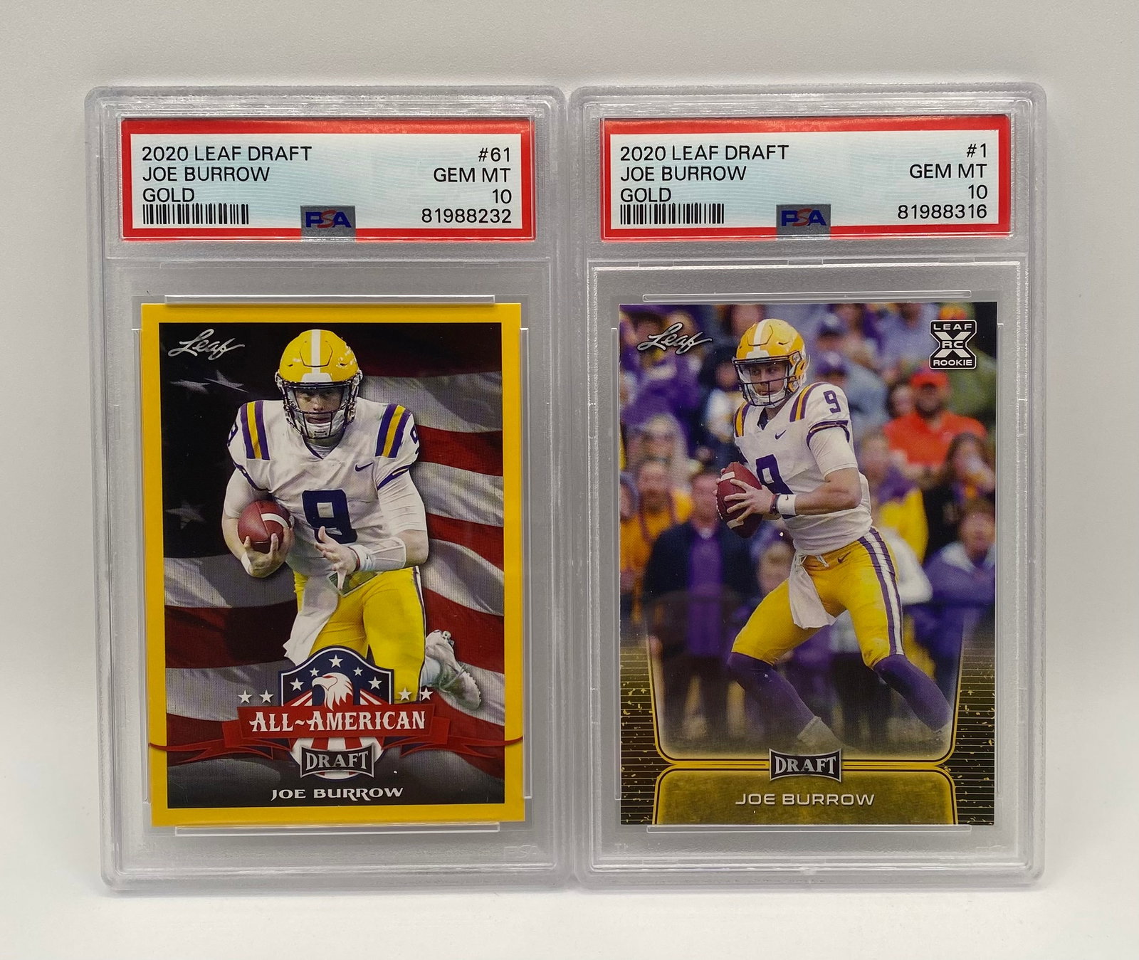 (2) Two Joe Burrow Gold Rookies PSA 10: (2) Two-Card Lot: 2020 Leaf Draft Joe Burrow Gold Cards (#1 & #61) – Both PSA 10 Gem Mint