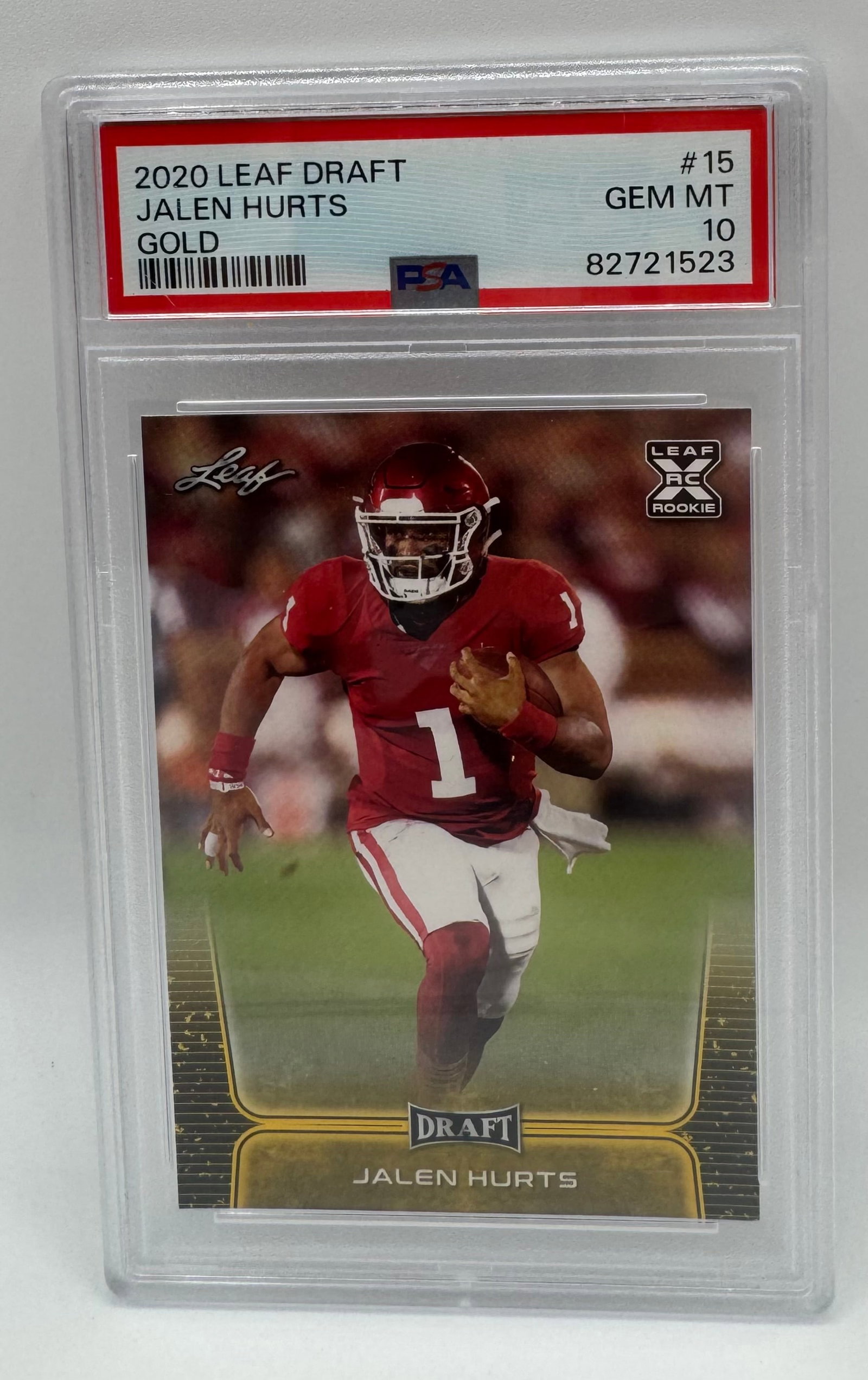 Jalen Hurts Gold Rookie Card PSA 10: 2020 Leaf Draft Jalen Hurts Gold Rookie Card #15 - PSA GEM MT 10