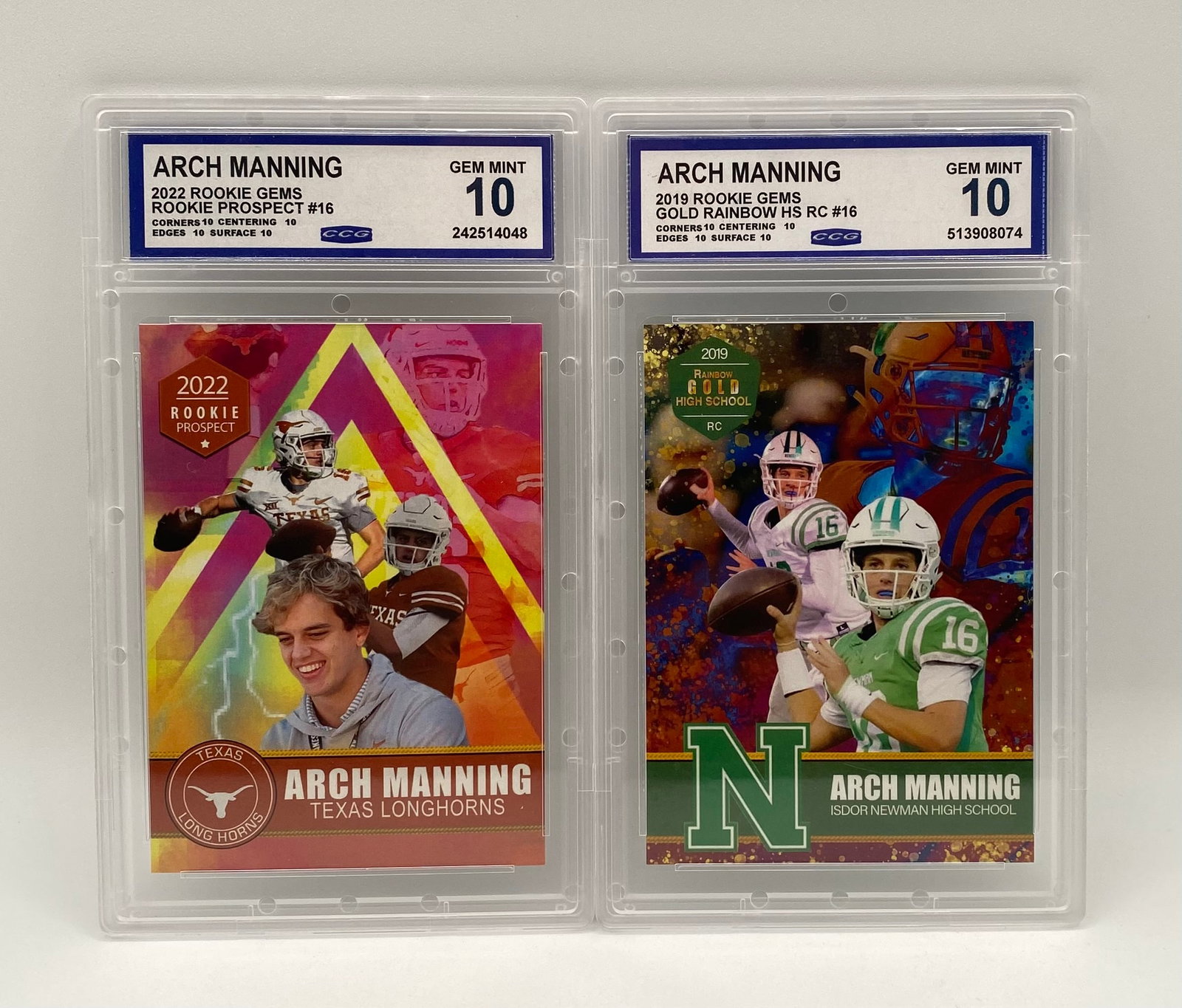 (2) Two Arch Manning ACEO Cards: Pair of Arch Manning Graded Rookie Cards - CCG Gem Mint 10 - 2022 & 2019 RC Prospect