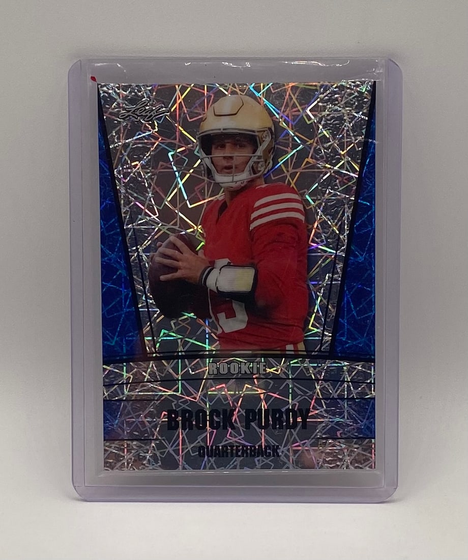 Brick Purdy Rookie Holo /20: 2023 Brock Purdy Leaf Rookie Quarterback Blue Mosaic Parallel Card /20