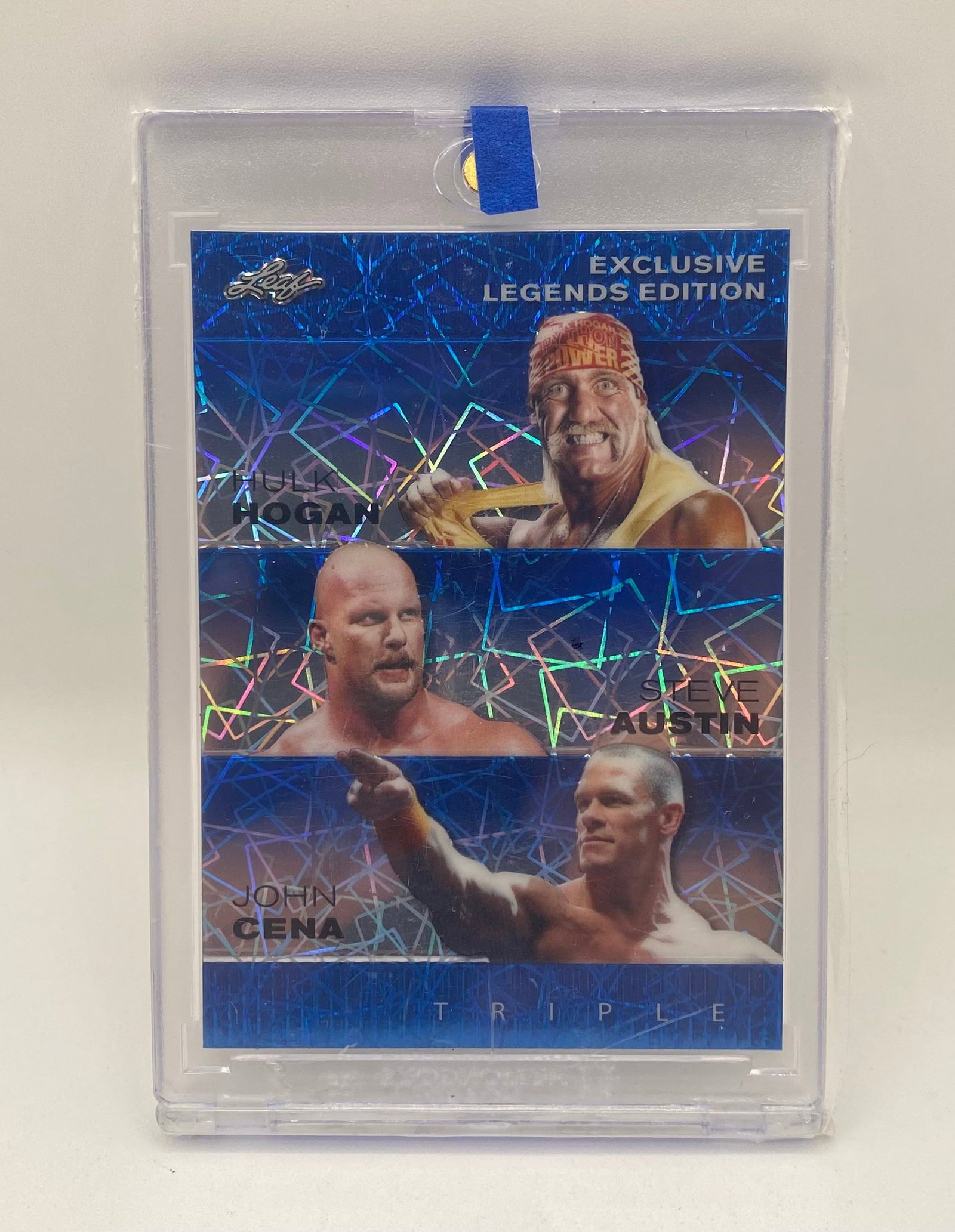 Hogan , Austin & Cena Blue Holo /20: 2024 Leaf Exclusive Legends Edition Triple Hogan / Austin / Cena Blue Holo /20