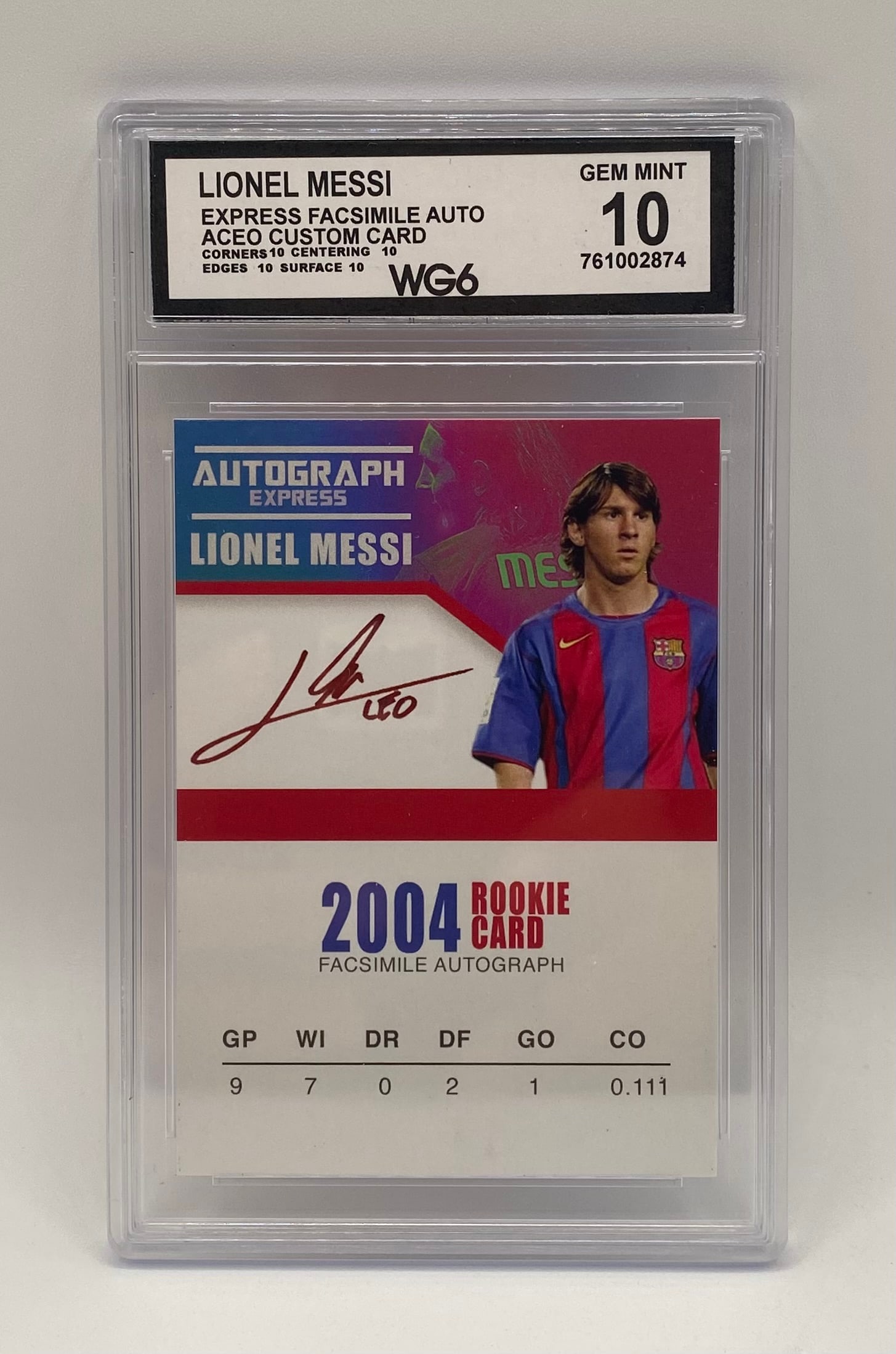 Lionel Messi 2004 Rookie Facsimile Auto ACEO Card: Lionel Messi 2004 Rookie Facsimile Auto ACEO Custom - WG6 10 Gem Mint