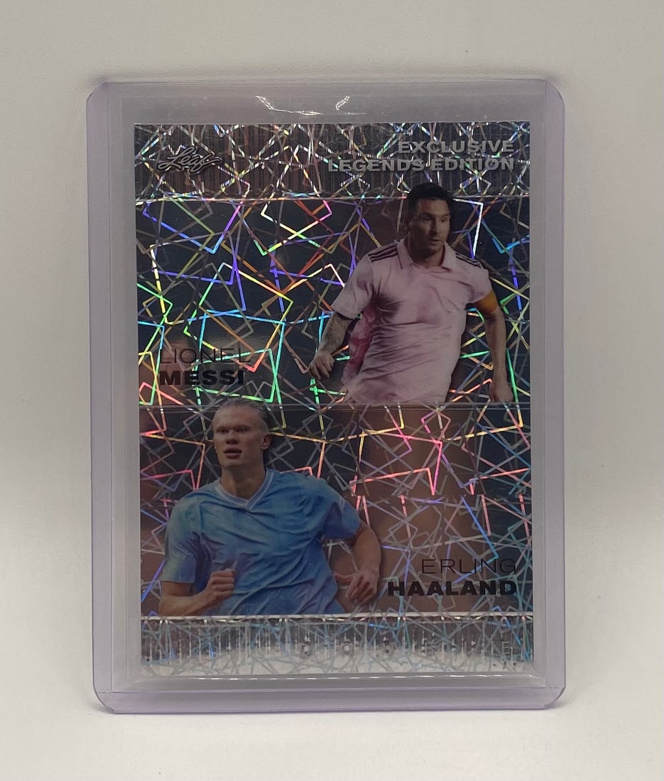 Lionel Messi & Erling Haaland Holo /25: 2023 Leaf Exclusive Legends Edition Dual Card - Lionel Messi & Erling Haaland Holo /25