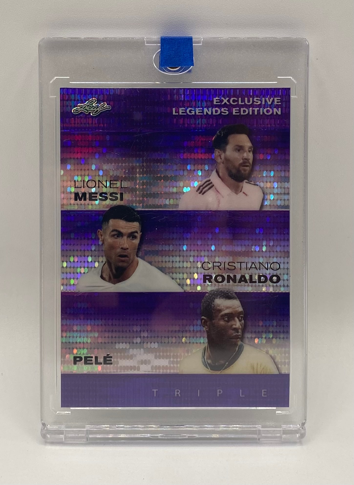 Messi, Cristiano Ronaldo, Pelé Purple Holo /15: 2024 Leaf Exclusive Legends Edition Purple Triple Card - Messi, Cristiano Ronaldo, Pelé Purple Holo Numbered /15