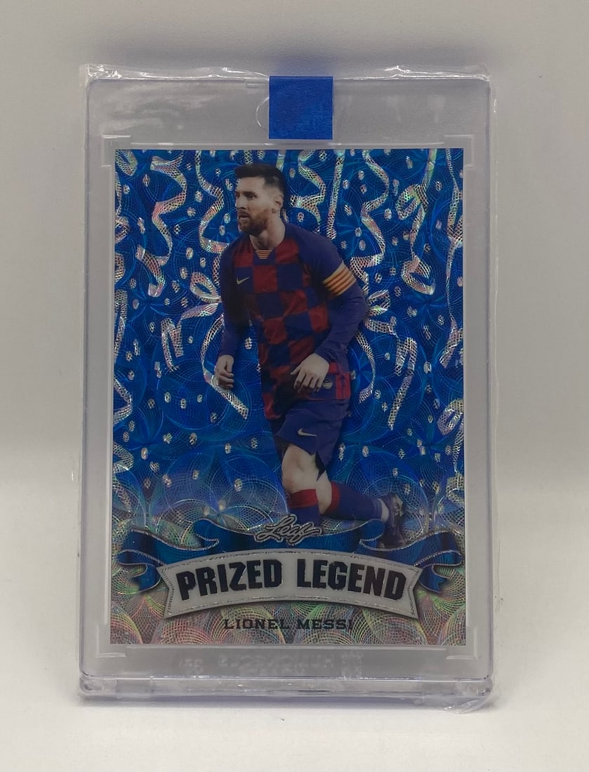 Lionel Messi Holo Blue /20: 2023 Leaf Prized Legend Lionel Messi Soccer Card - Blue Geometric Parallel Numbered /20