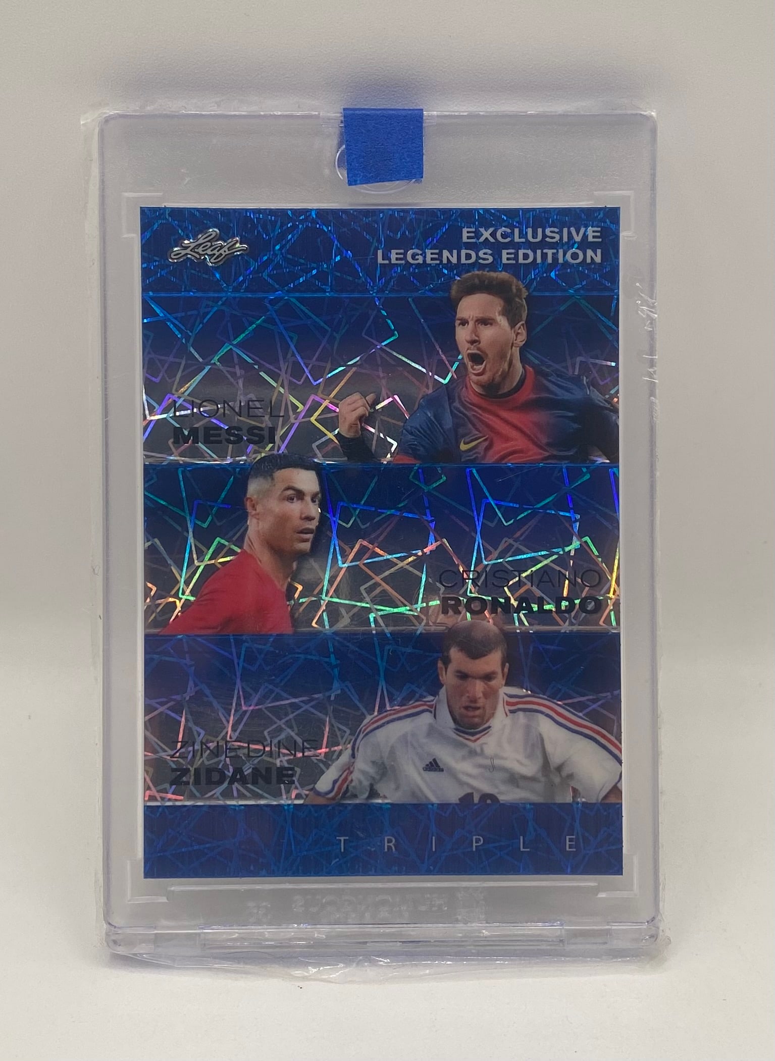 Lionel Messi, Cristiano Ronaldo, Zinedine Zidane Blue Holo /20: 2024 Leaf Lionel Messi, Cristiano Ronaldo, Zinedine Zidane Blue Holo /20