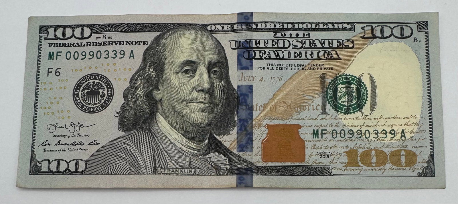$100 Federal Reserve Note MF 00990339: Series 2013 $100 Federal Reserve Note - Atlanta (F6) Serial Number: MF 00990339 A (Features a low-range leading double-zero serial number)