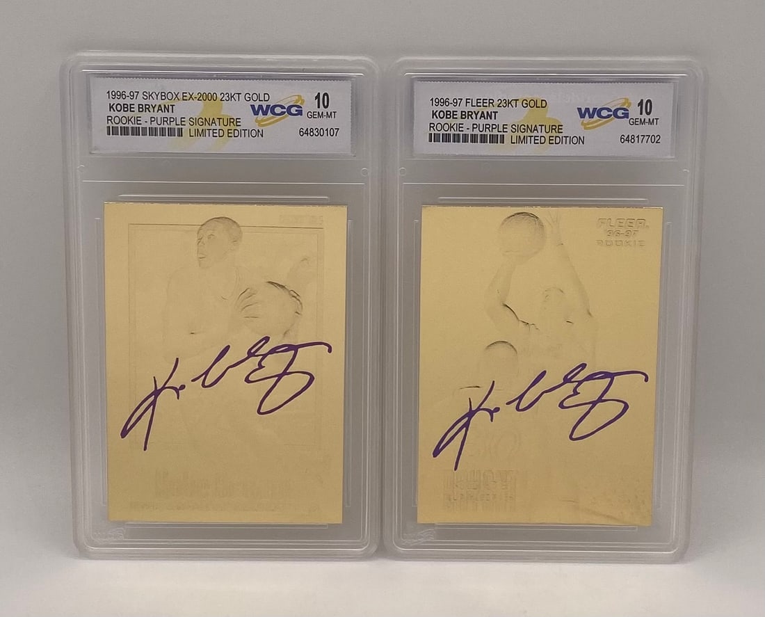 Kobe Bryant Purple Signature Gold Rookie Card Pair: 1996-97 SkyBox EX-2000 & Fleer Kobe Bryant 23KT Gold Facsimile Autograph Rookie Cards – WCG Gem Mint 10 (Set of 2)? 