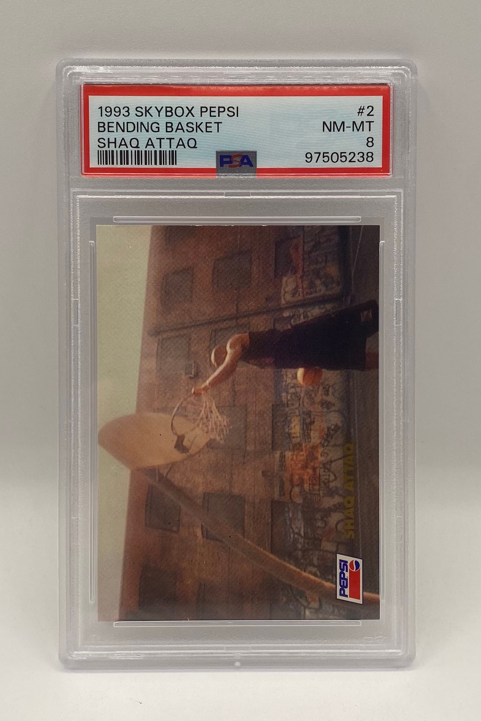 1993 Slybox Pepsi Shaq Attaq Shaquille Oneal PSA: 1993 SkyBox Pepsi "Shaq Attaq" Bending Basket Shaquille O'Neal #2 – PSA 8 NM-MT? 