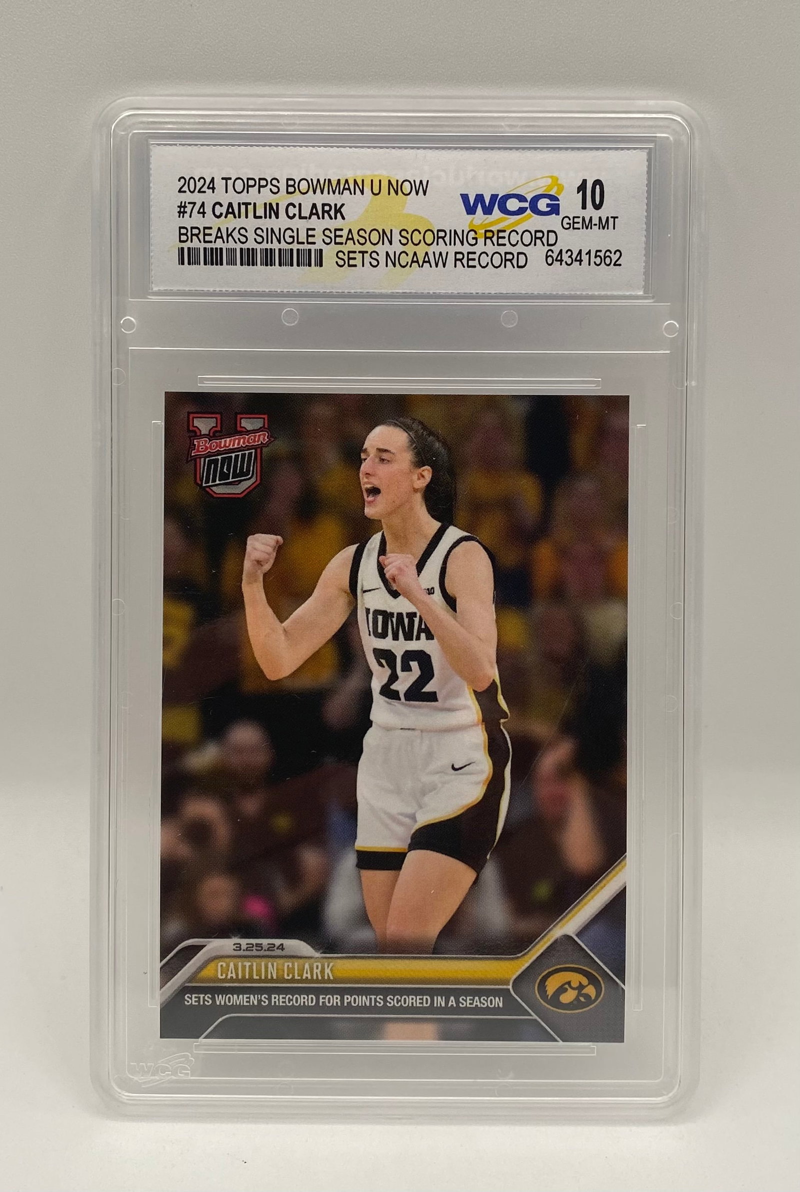 Caitlin Clark Rookie Scoring Records Card: 2024 Topps Bowman U NOW #74 Caitlin Clark "Breaks Single Season Scoring Record" – WCG Gem Mint 10? 