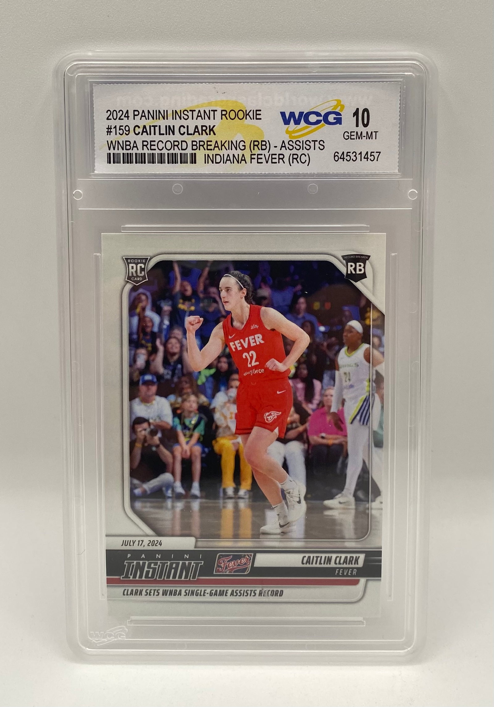 Claitlin Clark Rookie Assist Records Card: 2024 Panini Instant Rookie #159 Caitlin Clark "Single-Game Assists Record" – WCG Gem Mint 10? 