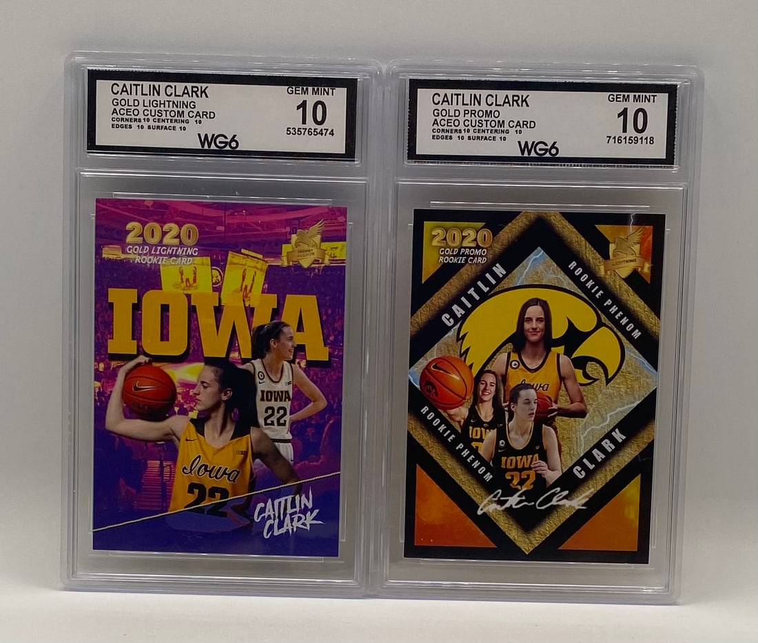 Caitlin Clark Cards: 2020 Caitlin Clark Iowa "Gold Lightning" & "Gold Promo" ACEO Custom Rookie Cards – WG6 Gem Mint 10 (Pair)? 
