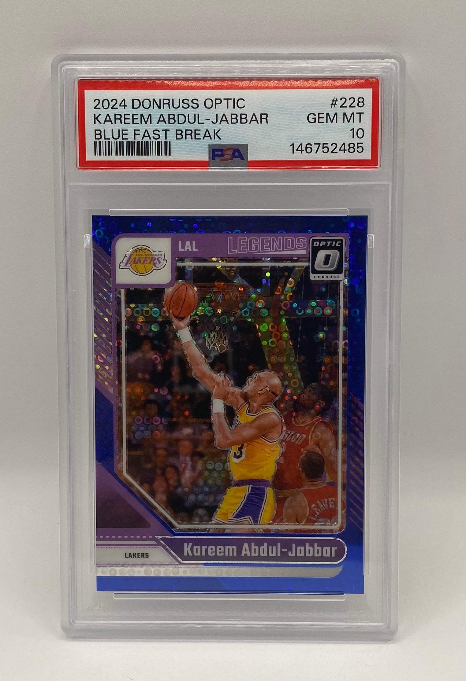 Kareem Abdul-Jabbar Blue Fast Break /49: 2024 Donruss Optic Kareem Abdul-Jabbar Blue Fast Break #228 - PSA 10 Gem Mint number /49