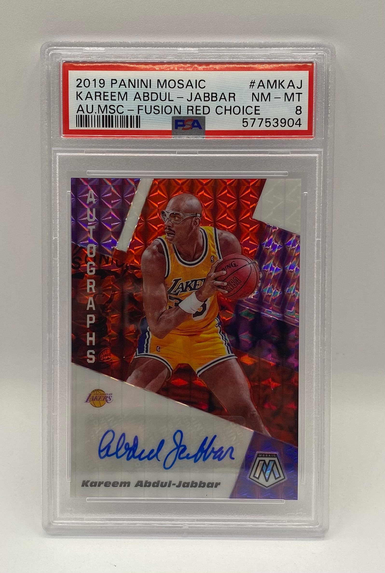 Kareem Abdul-Jabbar Autograph Fusion Red Choice PSA: 2019 Panini Mosaic Kareem Abdul-Jabbar Autograph Fusion Red Choice #AMKAJ - PSA 8 NM-MT
