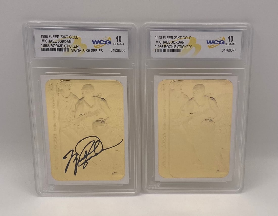 2) 1998 Fleer 23KT Gold Michael Jordan Cards: Lot of (2) 1998 Fleer 23KT Gold Michael Jordan "1986 Rookie Sticker" Cards (Inc. Signature Series) - WCG 10 Gem Mint