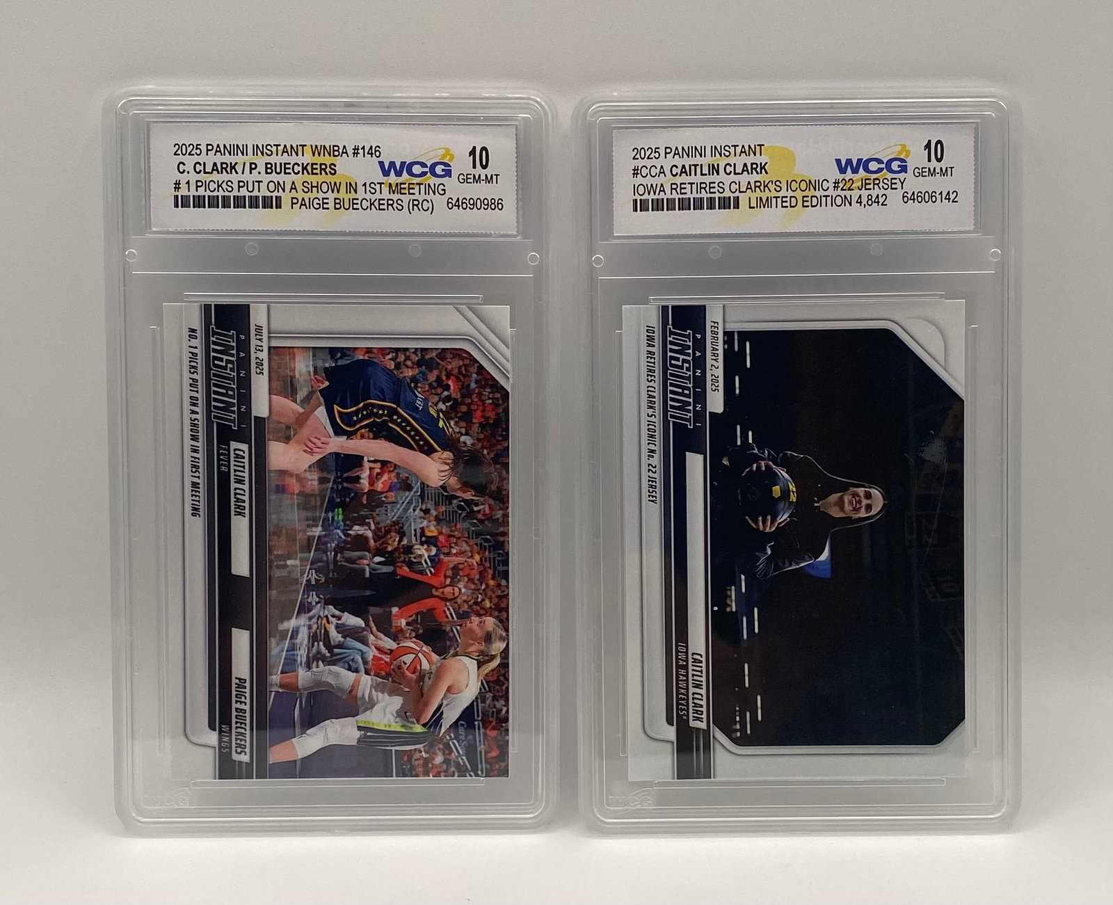 Caitlin Clark Cards: Lot of (2) 2025 Panini Instant WNBA Cards - Caitlin Clark / Paige Bueckers & Clark #22 Jersey Retirement - WCG 10 Gem Mint
