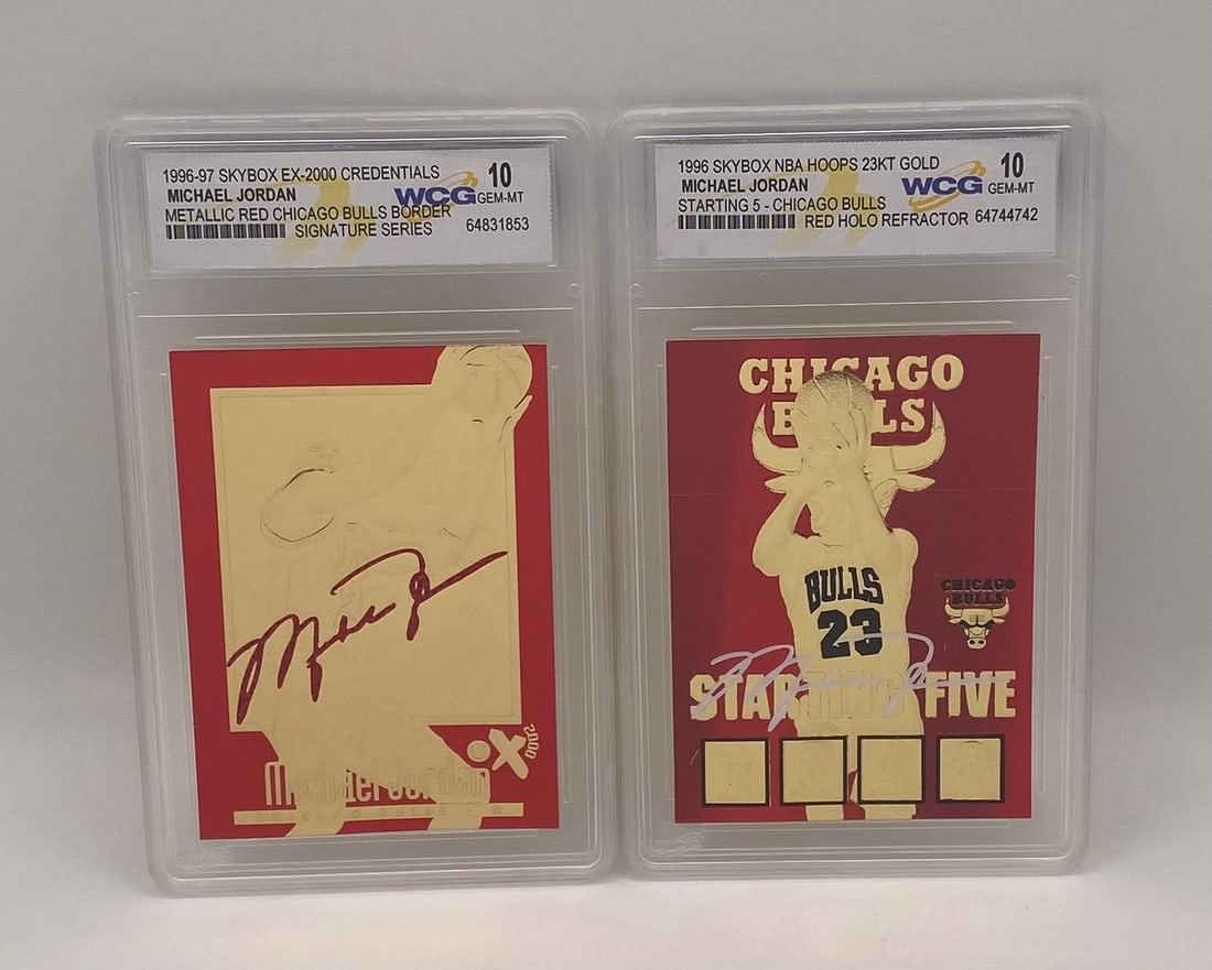 1996 Michael Jordan Red Signature Edition Cards: Lot of (2) 1996 Michael Jordan 23KT Gold Foil Cards - EX-2000 & NBA Hoops Starting 5 - WCG 10 Gem Mint