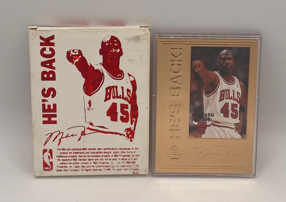 1996 Michael Jordan Gold Card: 1996 Upper Deck Michael Jordan "He's Back!" #45 23KT Gold Card with Original Box (MJ3)